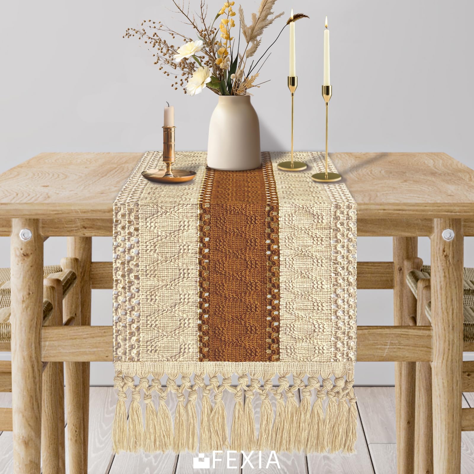 FEXIA Boho Table Runner for Home Decor with Tassels 60 Inches Long,Caramel Farmhouse Rustic Table Runner Macrame Burlap Table De