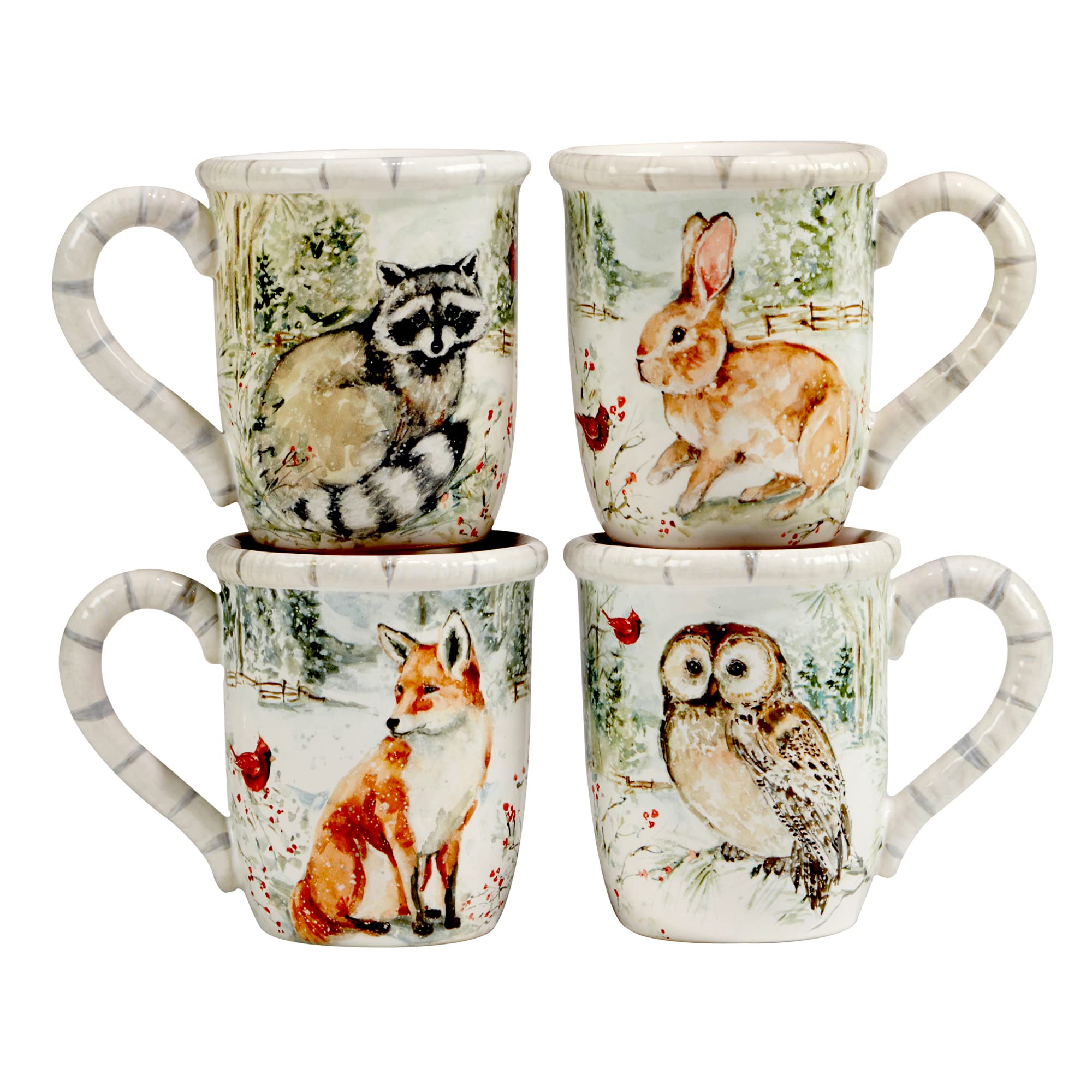 Winters Walk Set of 4 Ceramic Mugs - Enjoy hot cocoa, tea, or coffee in these delightful 16oz mugs adorned with foxes, owls, and