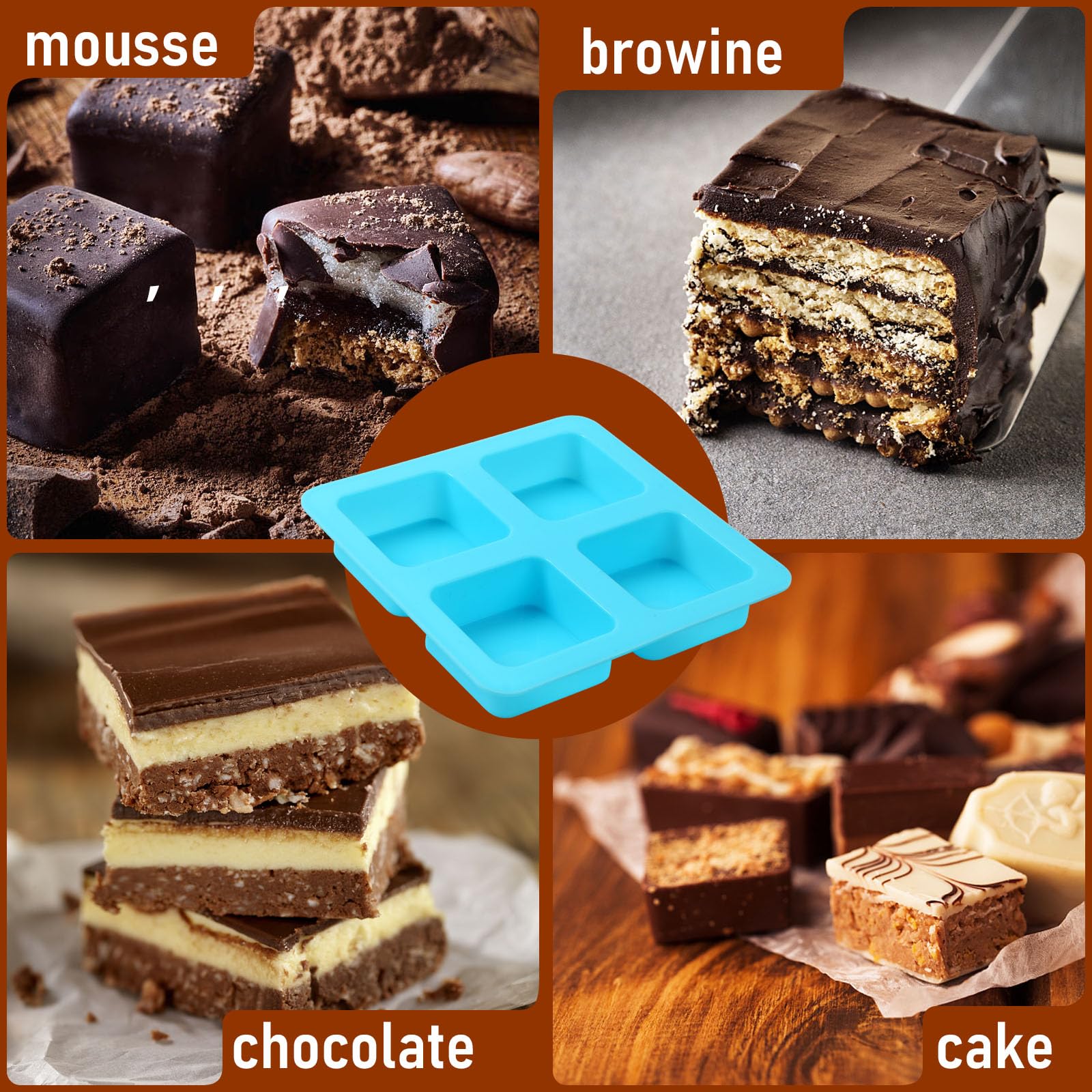 Boardfeb 4 Cavity Chocolate Covered Cookie S'Mores Molds, 3Pcs Silicone Square Molds Reusable Non Stick Silicone Trays For Smore