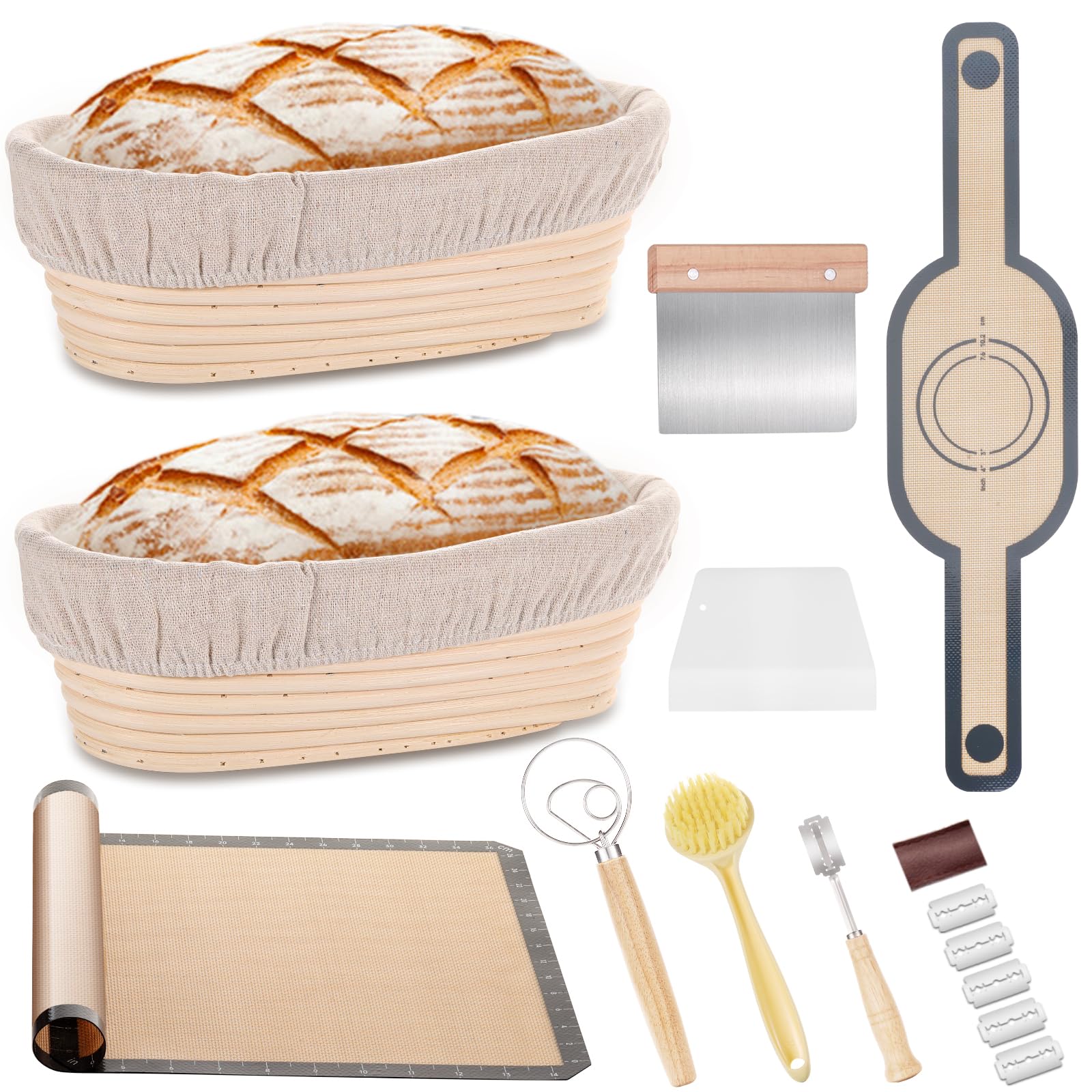 Banneton Bread Proofing Basket, 9 Pcs, 10 Inch Oval Bread Proofing Basket Set, Sourdough Proofing Basket, Starter Kit, Inlude Do