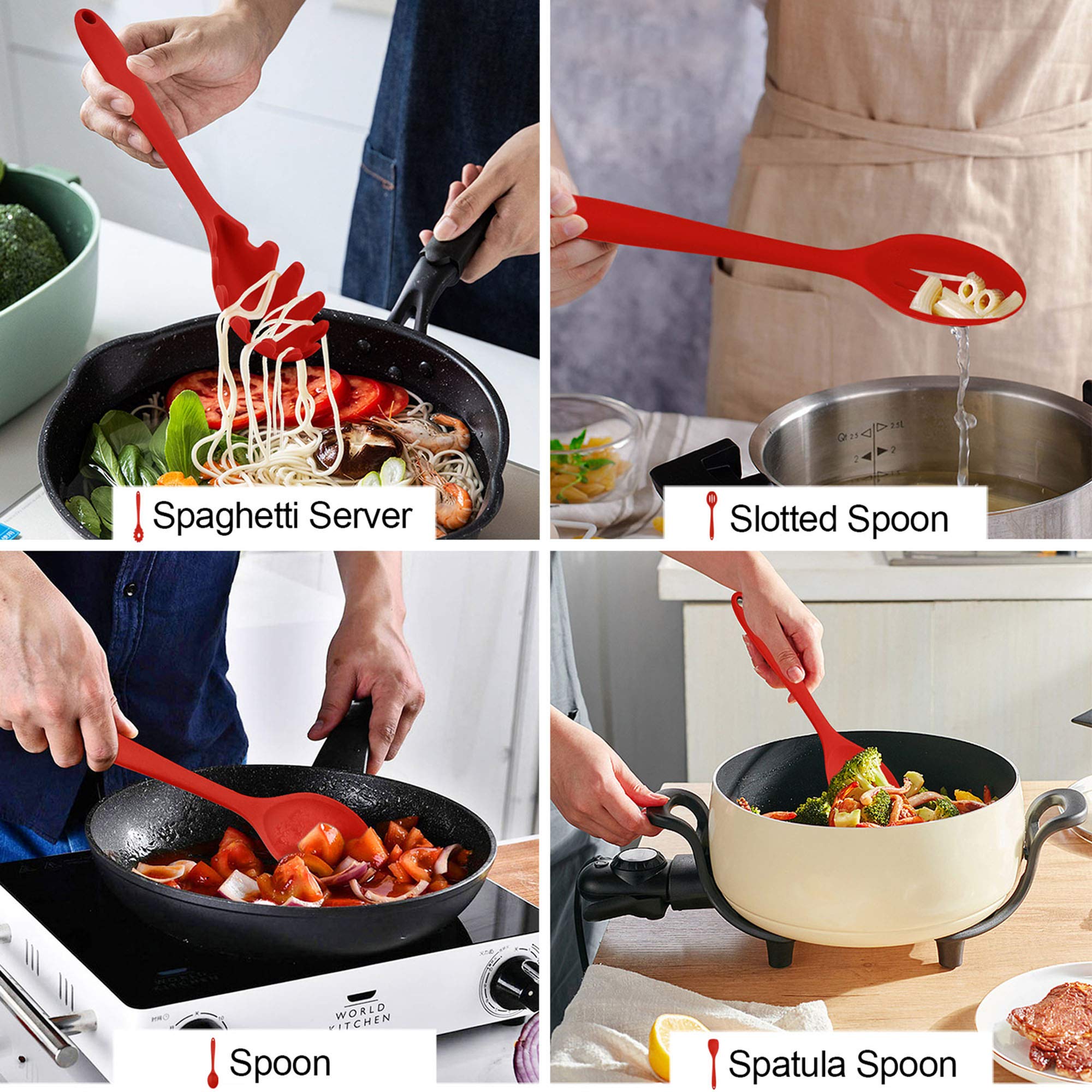 Lianyu 12-Piece Red Silicone Kitchen Cooking Utensils With Holder, Kitchen Tools Set Include Slotted Spatula Spoon Turner Ladle