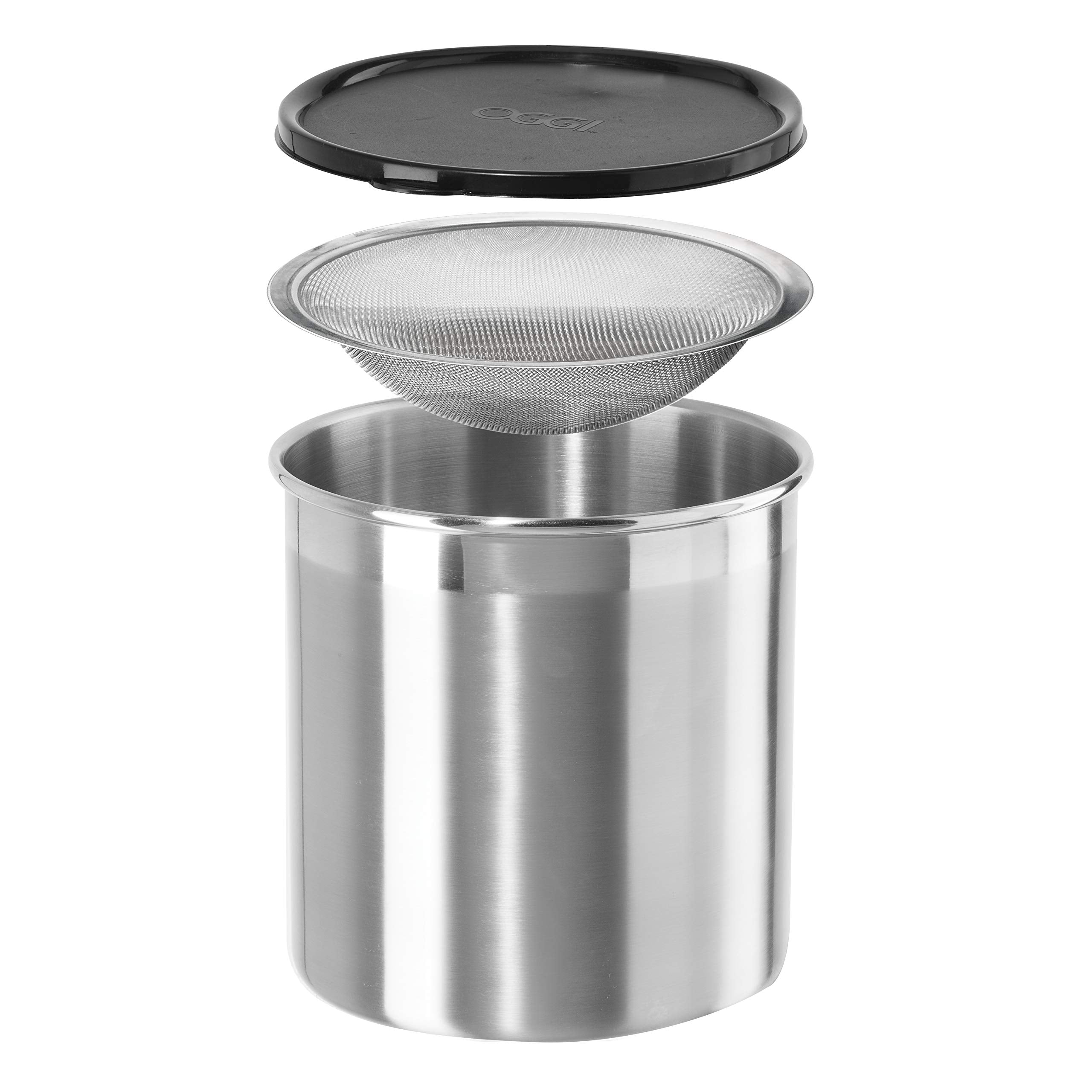 Oggi Stainless Steel Jumbo Grease Container With Removable Strainer And Snug Lid. Perfect Container For Fryer Oil, Bacon Drippin