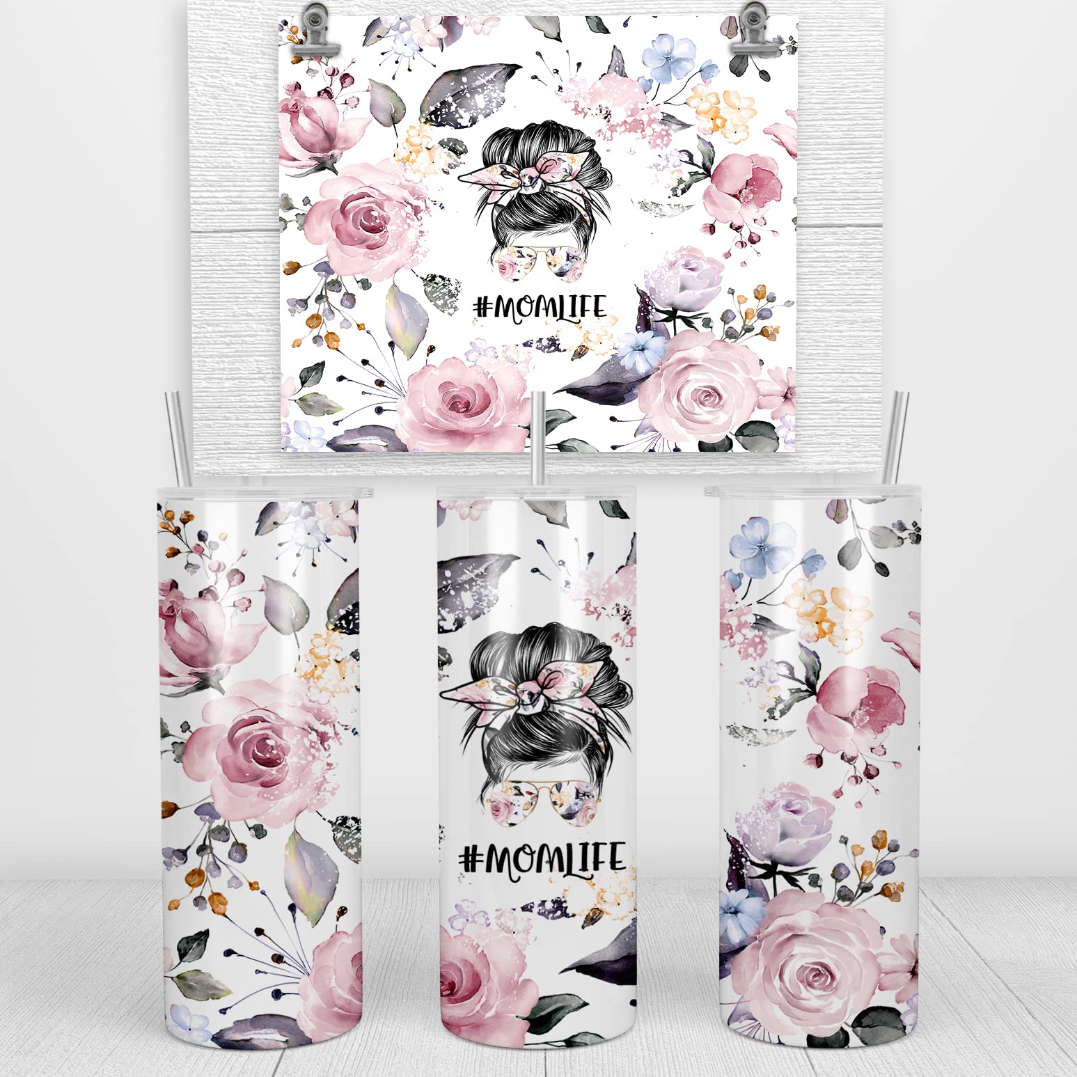 Younique Designs Floral Mama Coffee Tumbler With Straw And Lid, 20 Oz, Insulated Stainless Steel Skinny Tumbler For Women, Flowe