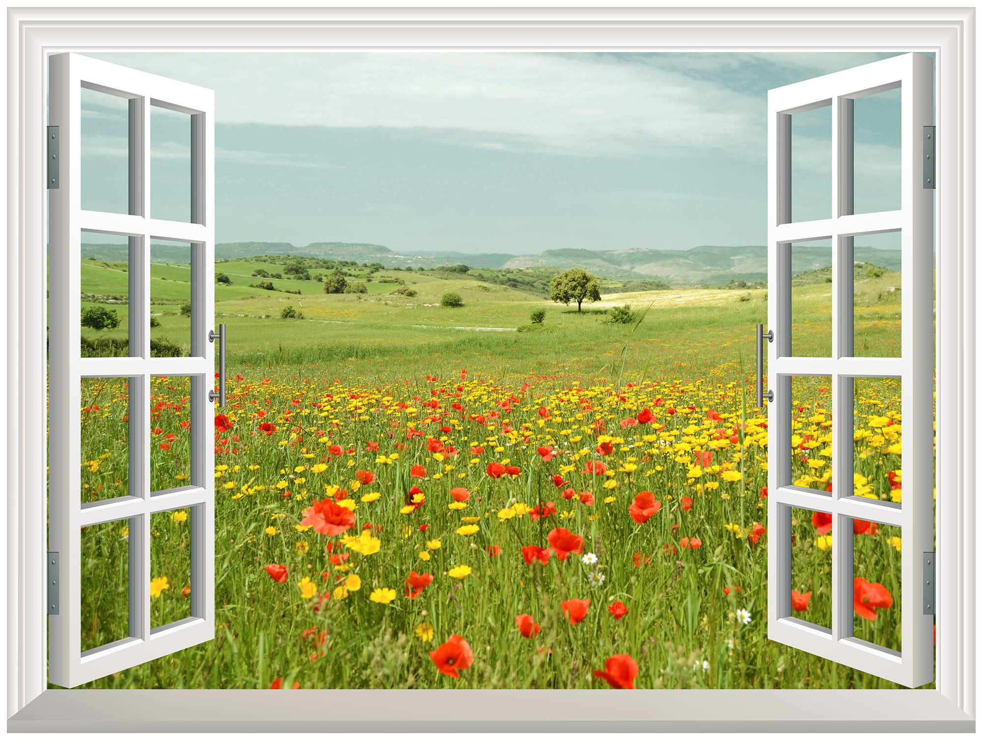 Wall26 Removable Wall Sticker/Wall Mural - Beautiful Spring Field With Wild Flowers | Creative Window View Wall Decor - 36 Inchx