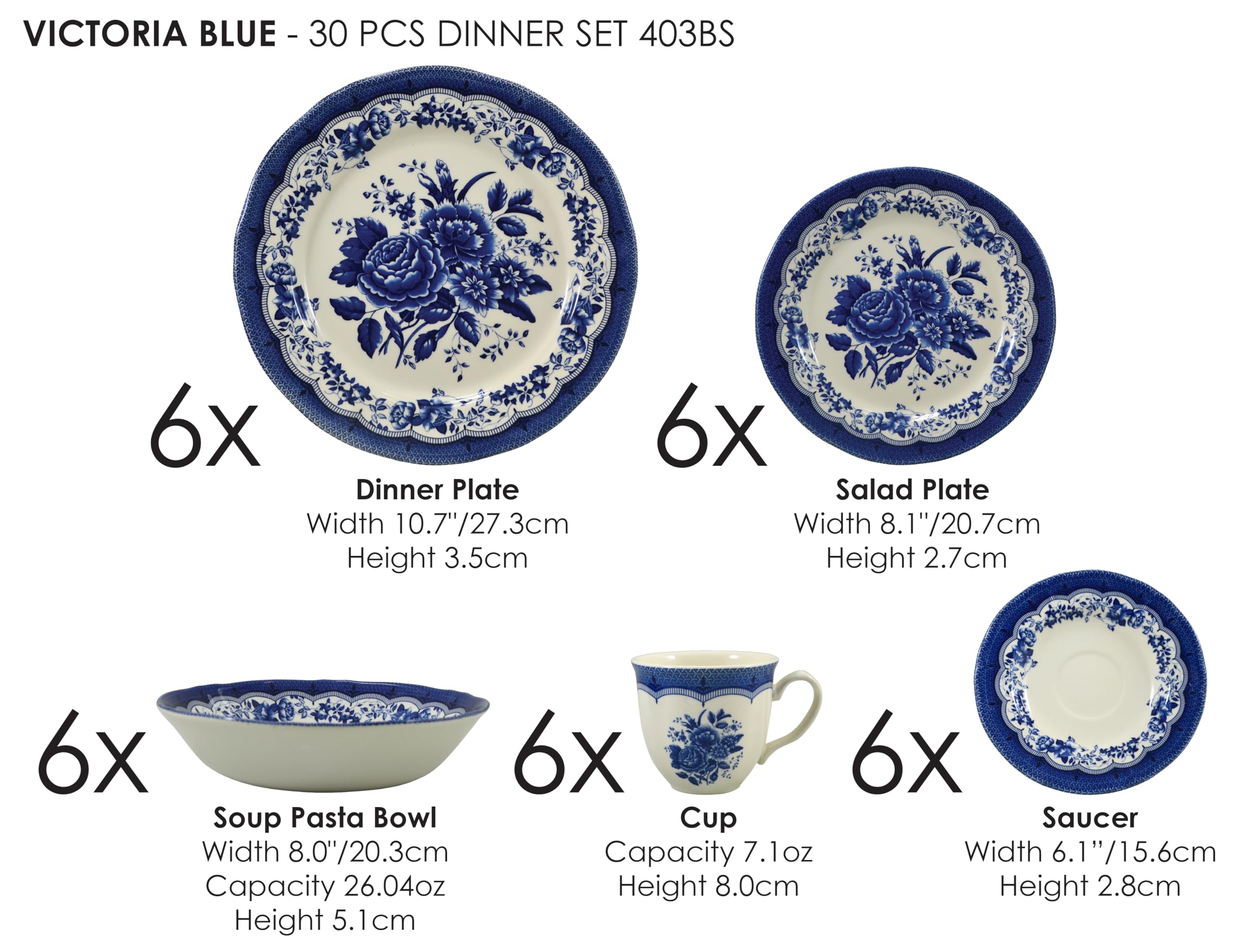 TUDOR ROYAL 30-Piece Premium Quality Round Porcelain Dinnerware Set, Service for 6 - VICTORIA BLUE Design, Blue Floral, Plates B