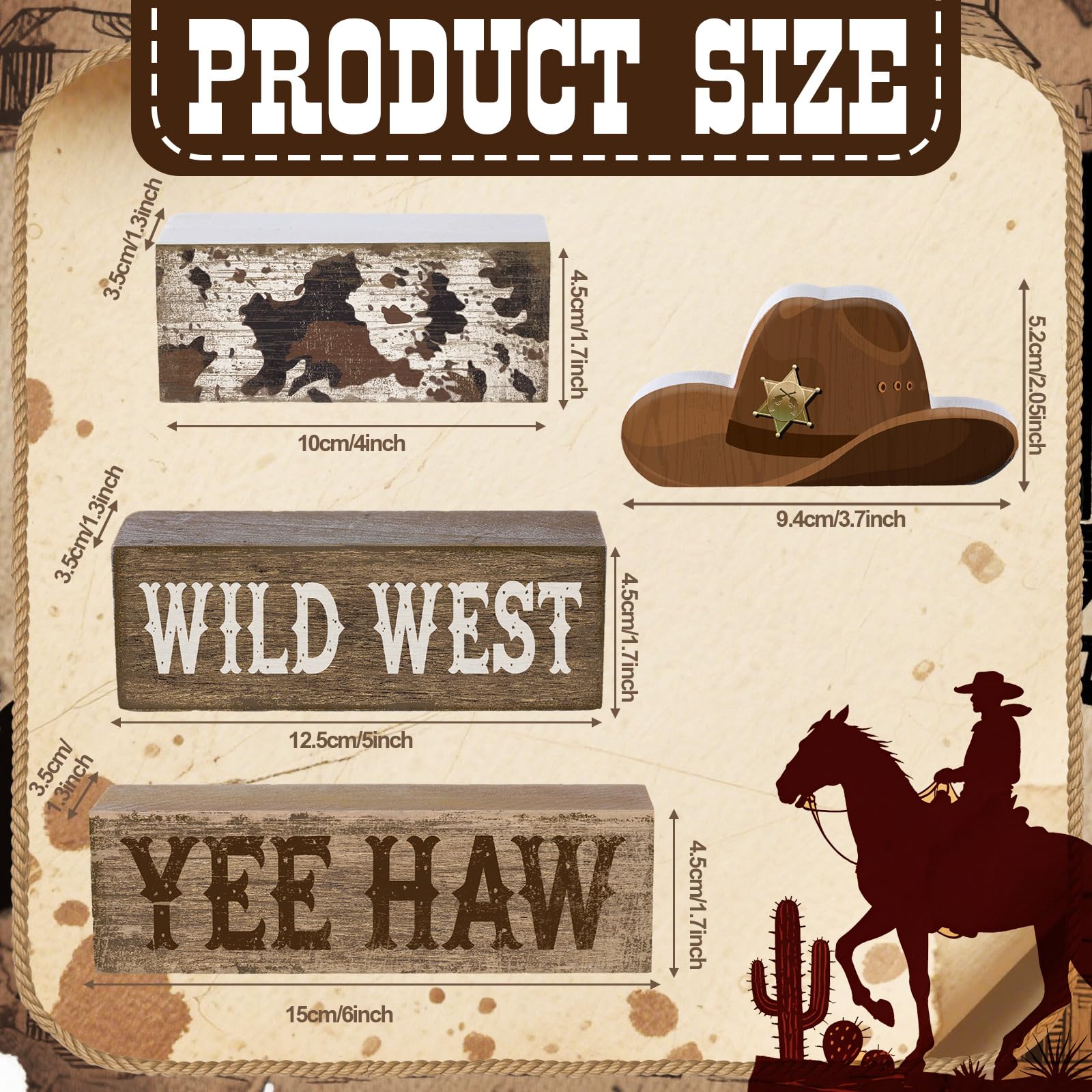 Yuntau 4 Pcs Western Tiered Tray Decorations Set Cowboy Hat Stack Block Signs Desert Farmhouse Rustic Tabletop Tiered Tray Decor