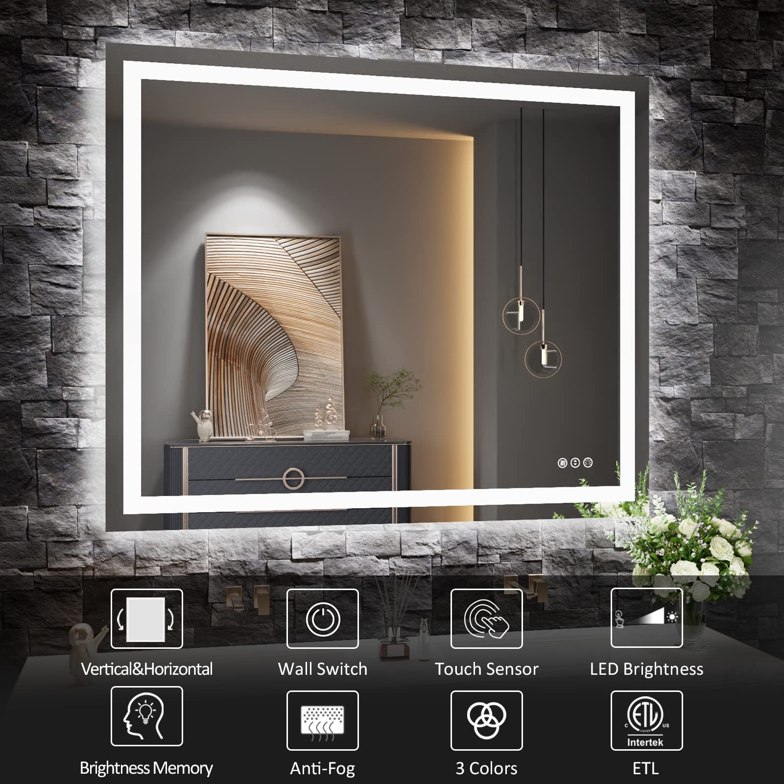 Amorho LED Bathroom Mirror 48''x 40'' with Front and Backlit  Stepless Dimmable Wall Mirrors with Anti-Fog  Shatter-Proof  Memory  3 Colors  Double LED Vanity Mirror  ETL Listed