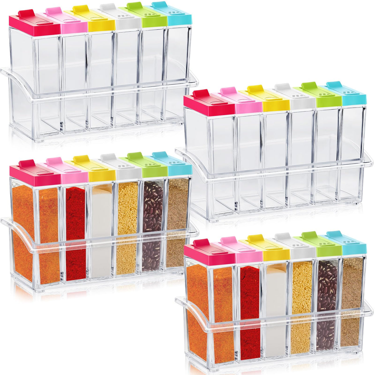Maxdot 4 Pcs Spice Shaker Jars Colored Plastic Seasoning Shaker Box with Lid and Tray Multi Spice Container for Camping Seasonin