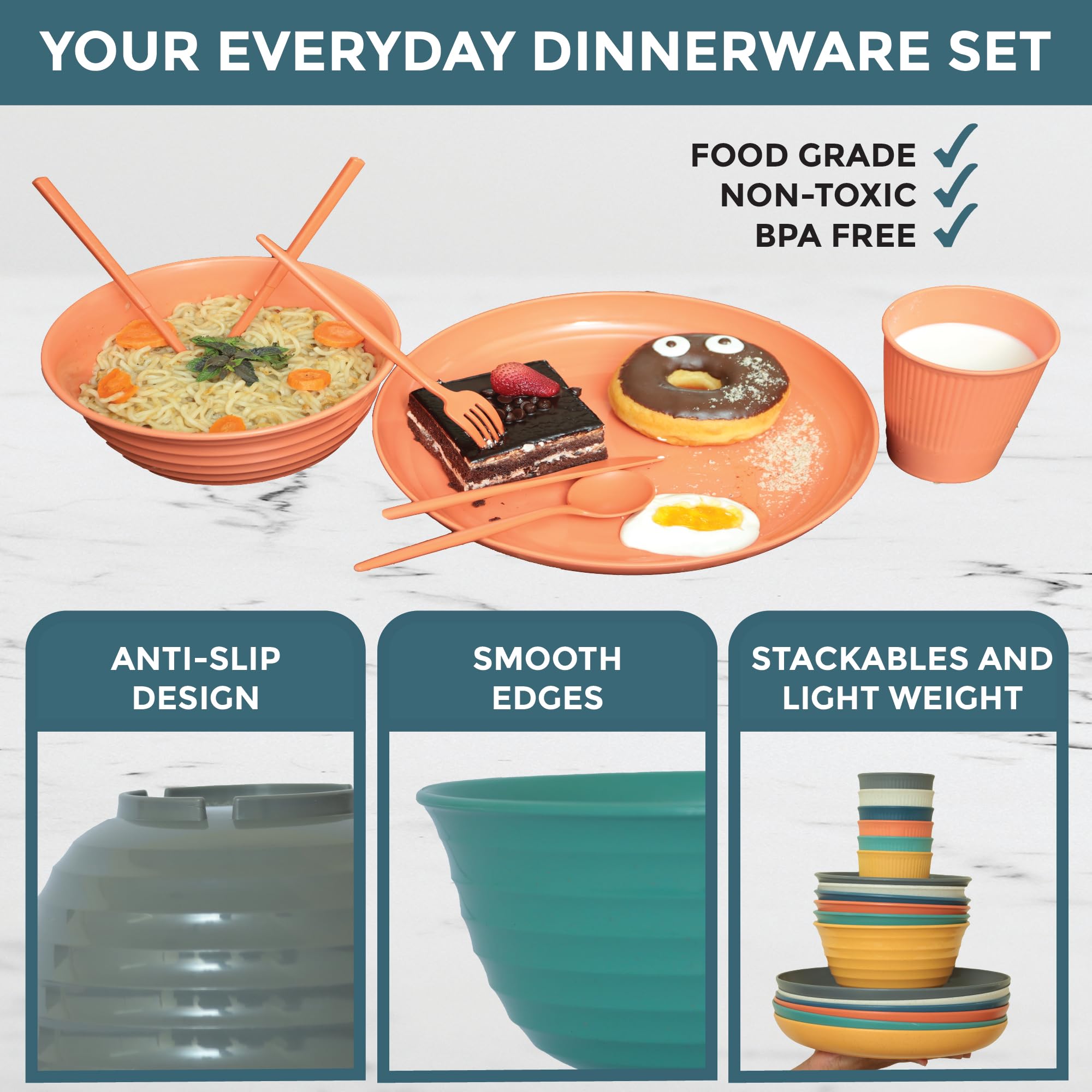 48 Pcs Wheat Straw Dinnerware Sets for 6- Unbreakable Dinnerware Set with Large Plates, Bowl and Cup Set -BPA Free, Lightweight,