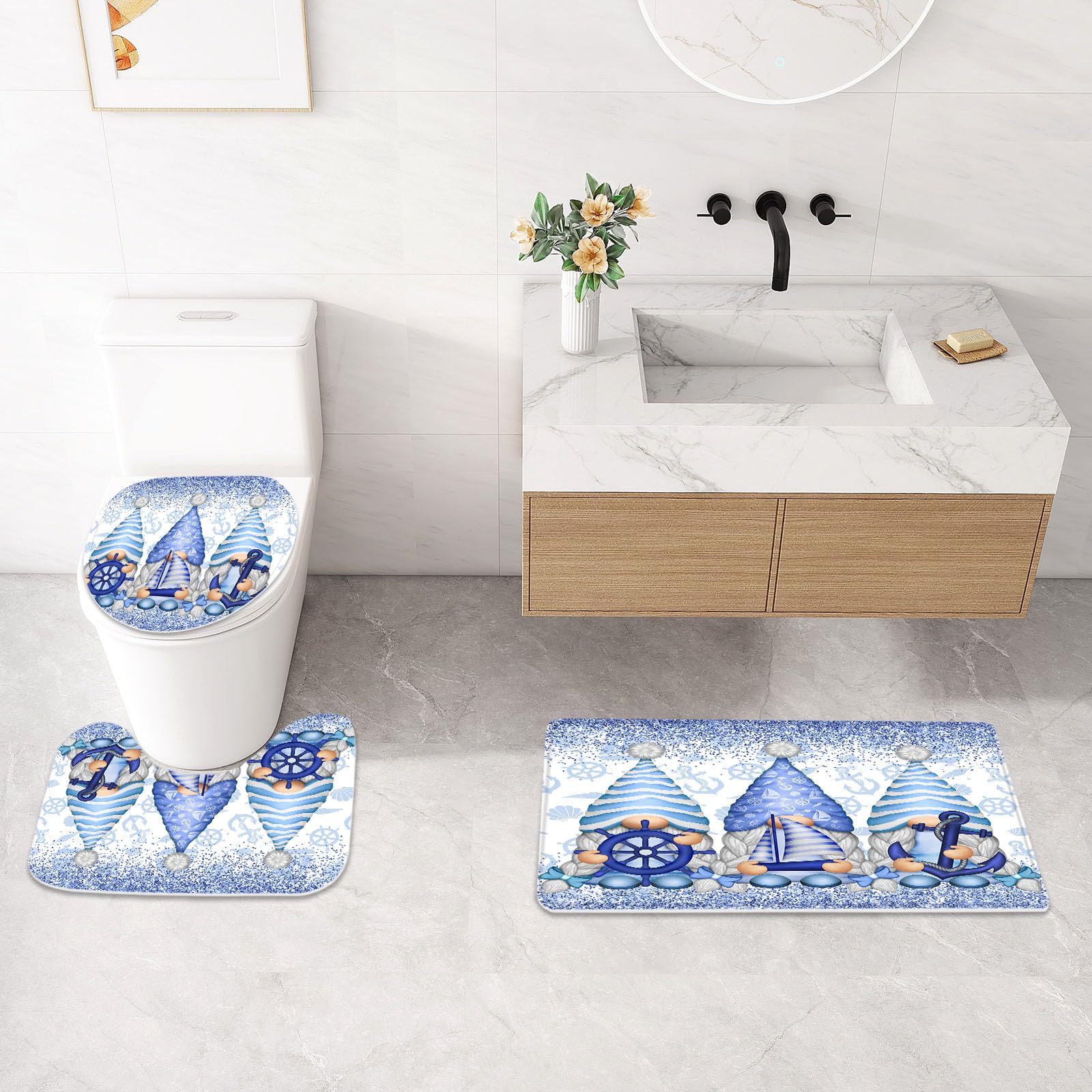 Litabel 4 Pcs Winter Gnomes Shower Curtain Set With Non-Slip Rugs, Toilet Lid Cover And Bath Mat, Nautical Marine Bathroom Decor