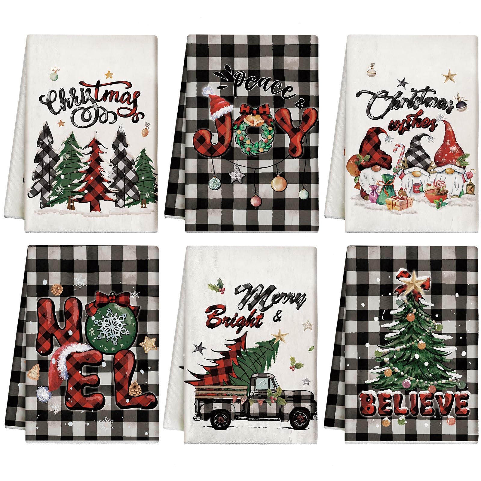 Hosuly 6 Pcs Christmas Kitchen Towels Black White Buffalo Plaid Dish Clothes Christmas Vintage Tea Towels Plaid Gnome Truck Xmas