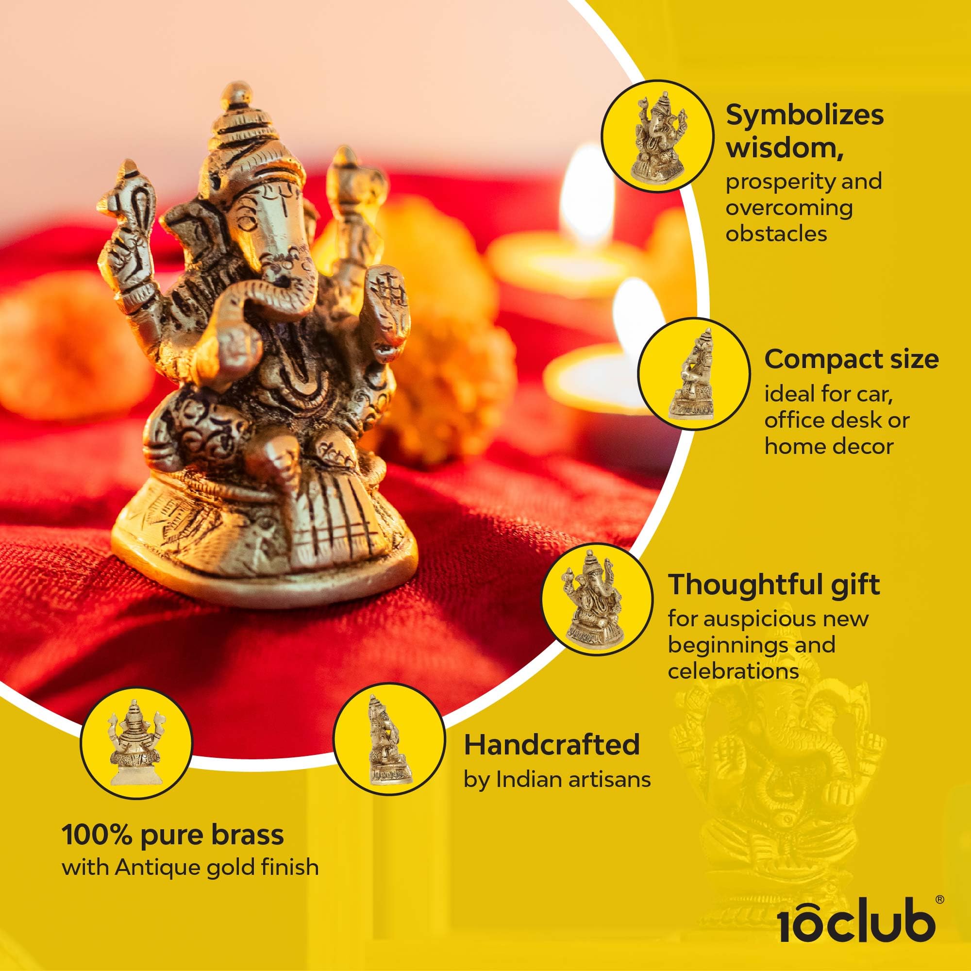10Club Lord Ganesha Idol - 1Pc (7.6 cm, 300 Grams) - 100% Pure Brass | Mandir Ganesh Idol (Murti) For Desk, Car, Home Decor and