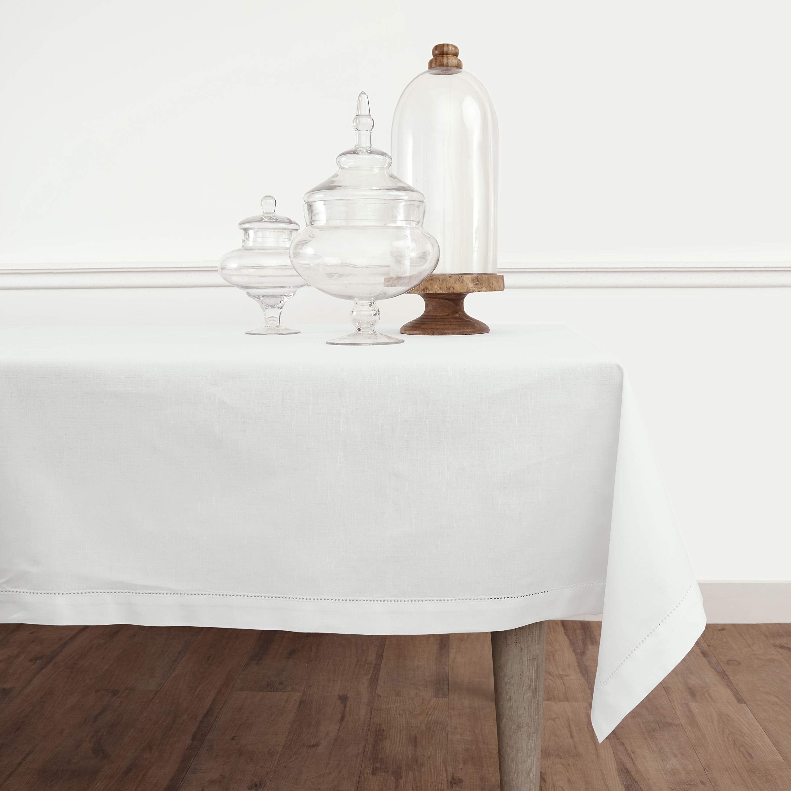 Solino Home White Tablecloth - Cotton Linen Hemstitch Tablecloth 58 X 84 Inch - Machine Washable Rectangle Table Cloth For Fall,