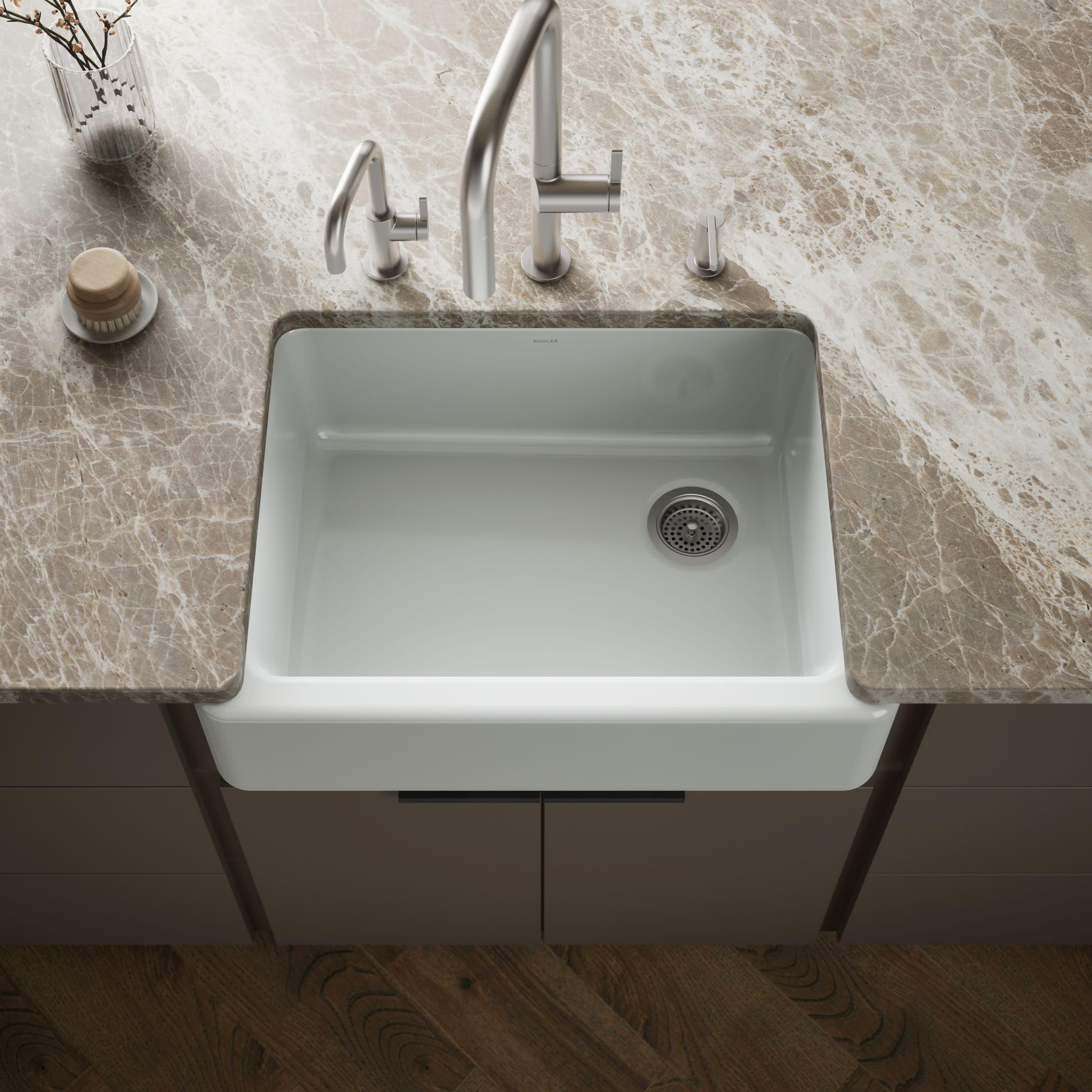 Kohler K-6487-95 Whitehaven Farmhouse Self-Trimming Apron Front Single Basin Kitchen Sink With Tall Apron, Ice Grey, 30 Inch