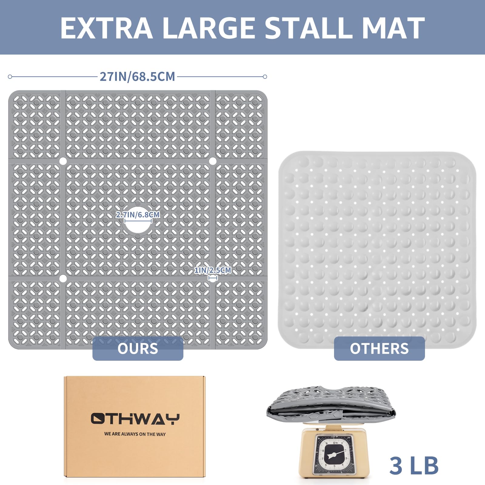 Othway Square Shower Mat, 27''X 27'' Extra Large Shower Mats For Inside Shower, Tpe Anti Slip Shower Mat With Suction Cups Drain