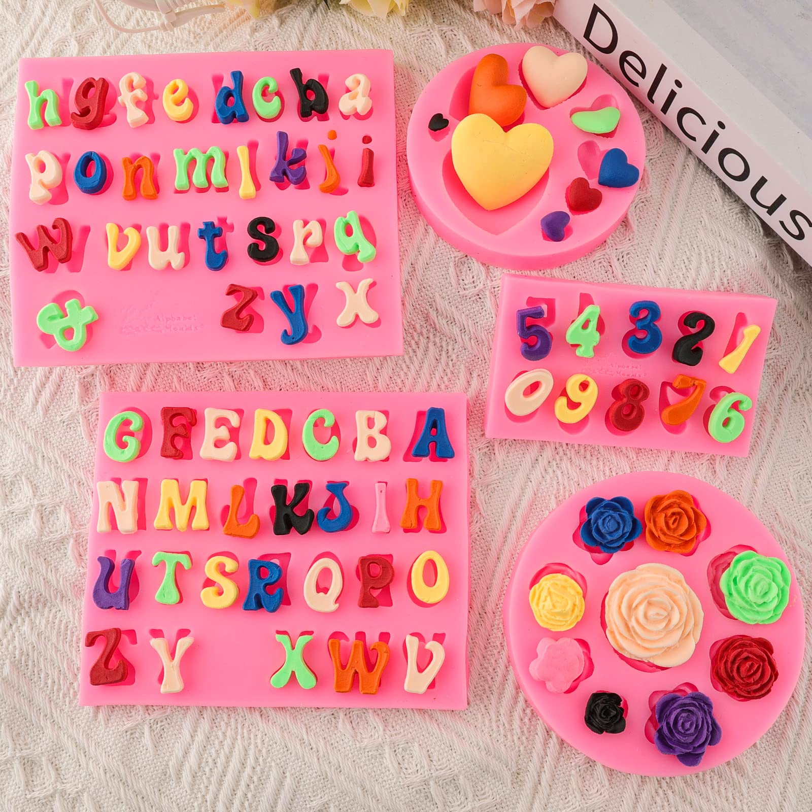 Letter Molds Alphabet Molds 5Pcs Letter Number Heart Shape Flower Silicone Mold For Chocolate Fondant Polymer Clay Candy Gummy C