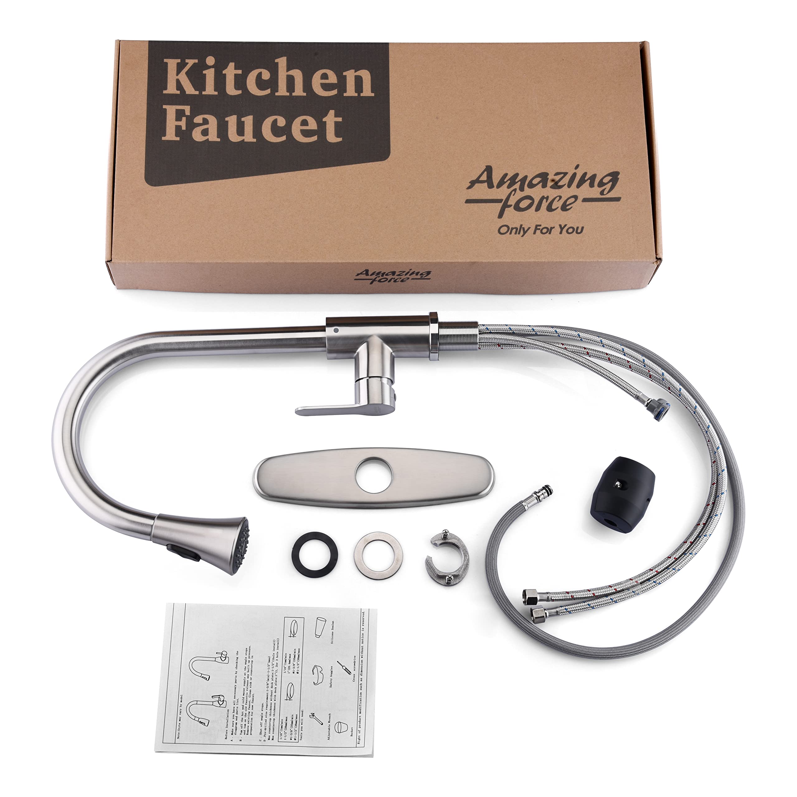 AMAZING FORCE Kitchen Faucet with Pull Down Sprayer 2 Modes Stainless Steel Kitchen Sink Faucet Single Handle Faucet for Kitchen Sink RV Kitchen Faucet Laundry Sink Faucet with 1.8GPM  Brushed Nickel