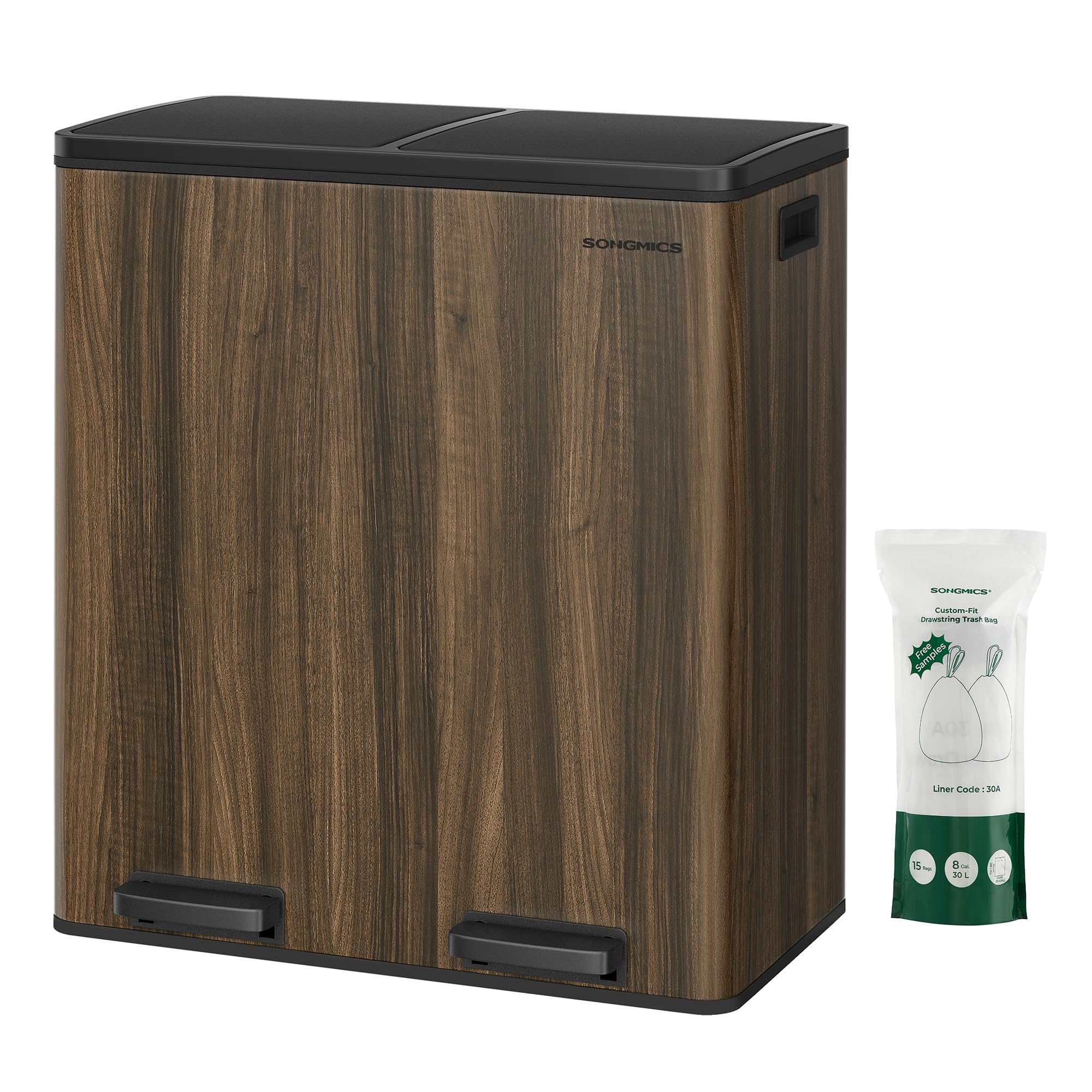 SONGMICS Trash Can, 2 x 8-Gallon Garbage Can for Kitchen, with 15 Trash Bags, 2 Compartments, Plastic Inner Buckets and Hinged L