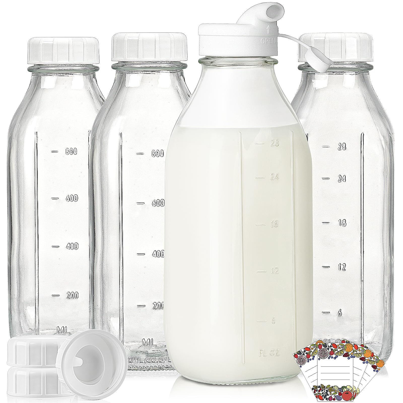 Liter Glass Milk Bottles W Scale, 100% Airtight Heavy Duty Screw Lid - 4 Pack 32 Oz Drinking Jars W Lids - Glass Bottles For Mil