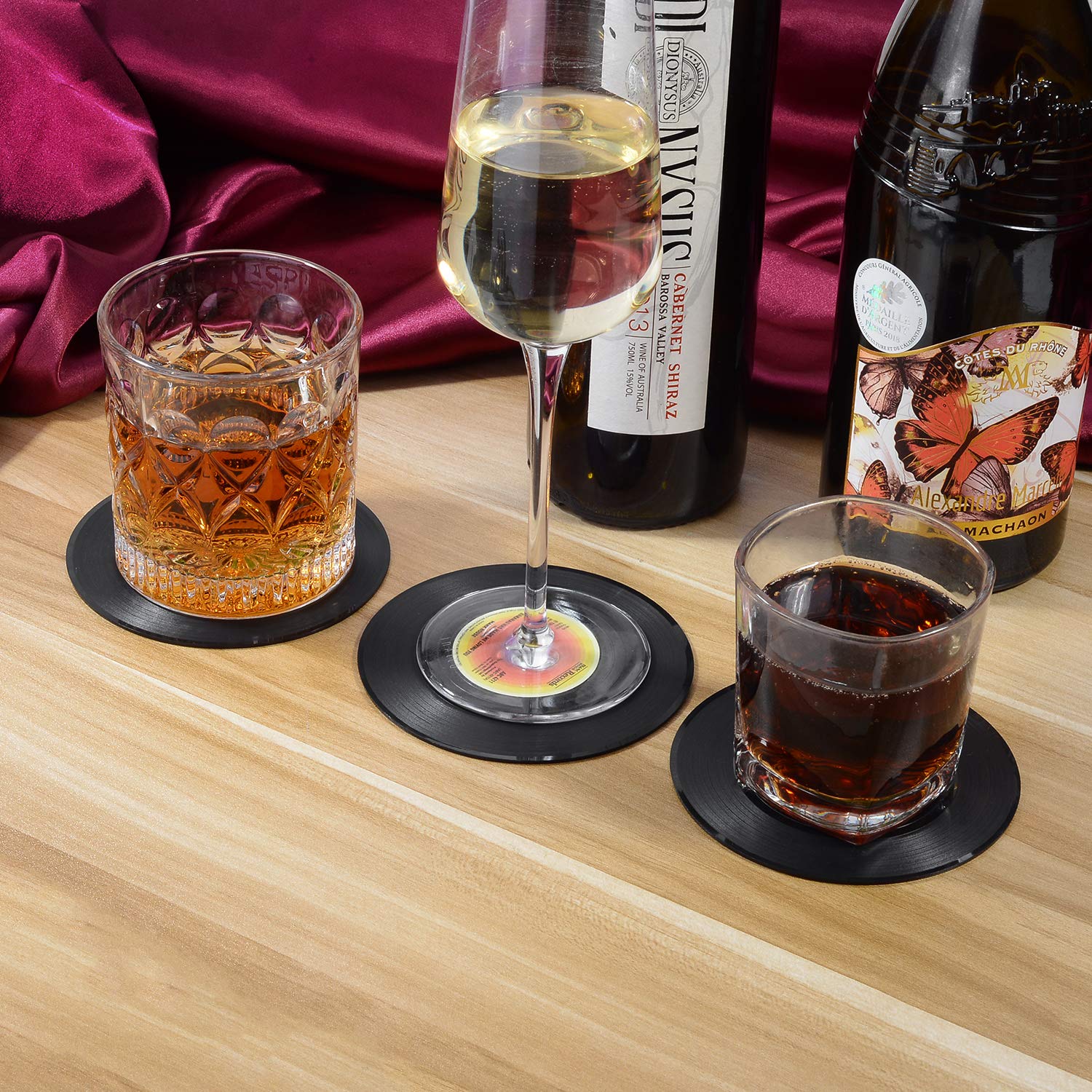 MECOWON Music Coasters with Vinyl Record Player Holder  Set of 6 Drink Coasters for Music Lovers