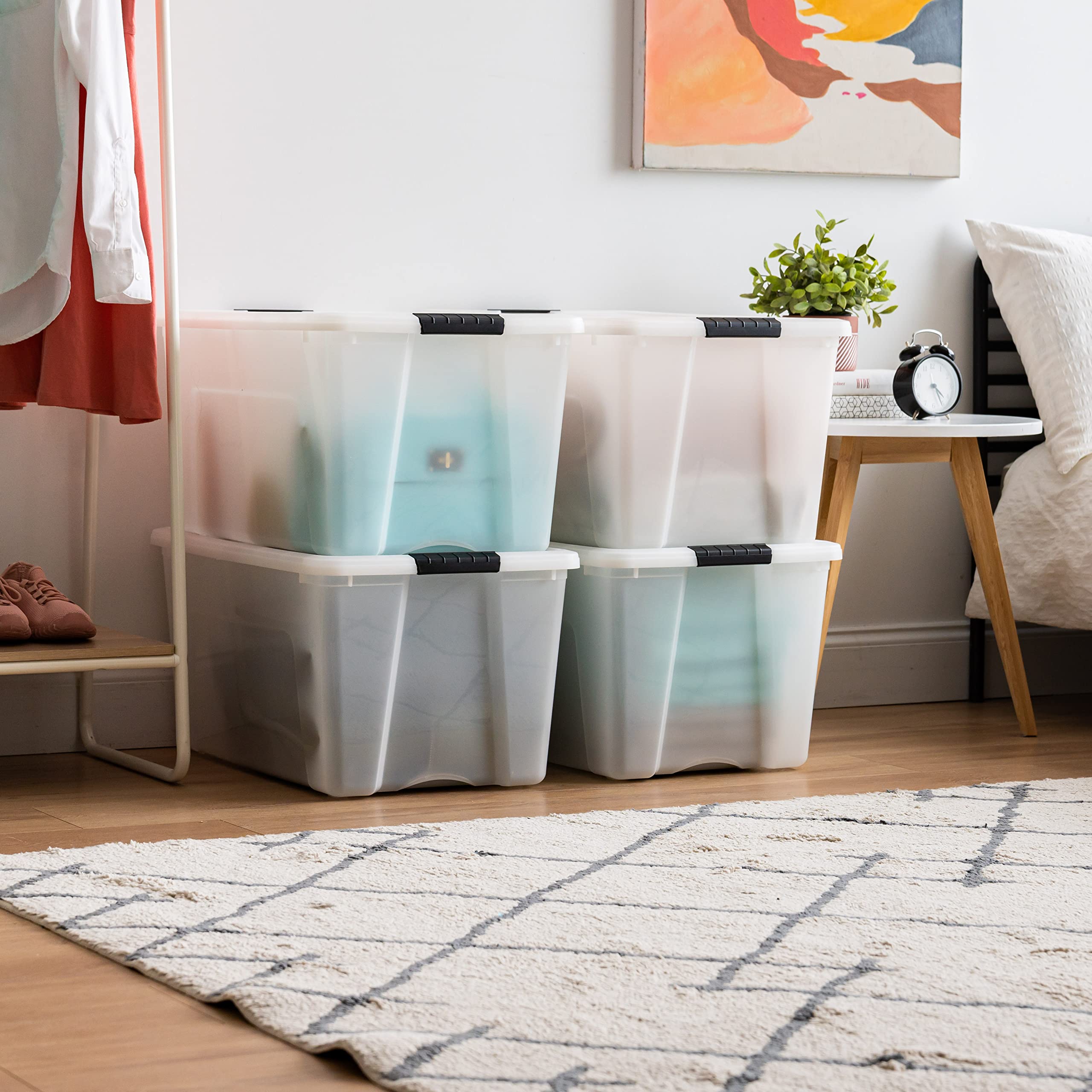 Iris Usa 72 Qt Stackable Plastic Storage Bins With Lids, 4 Pack - Bpa-Free, Made In Usa - Discreet Organizing Solution, Latches,