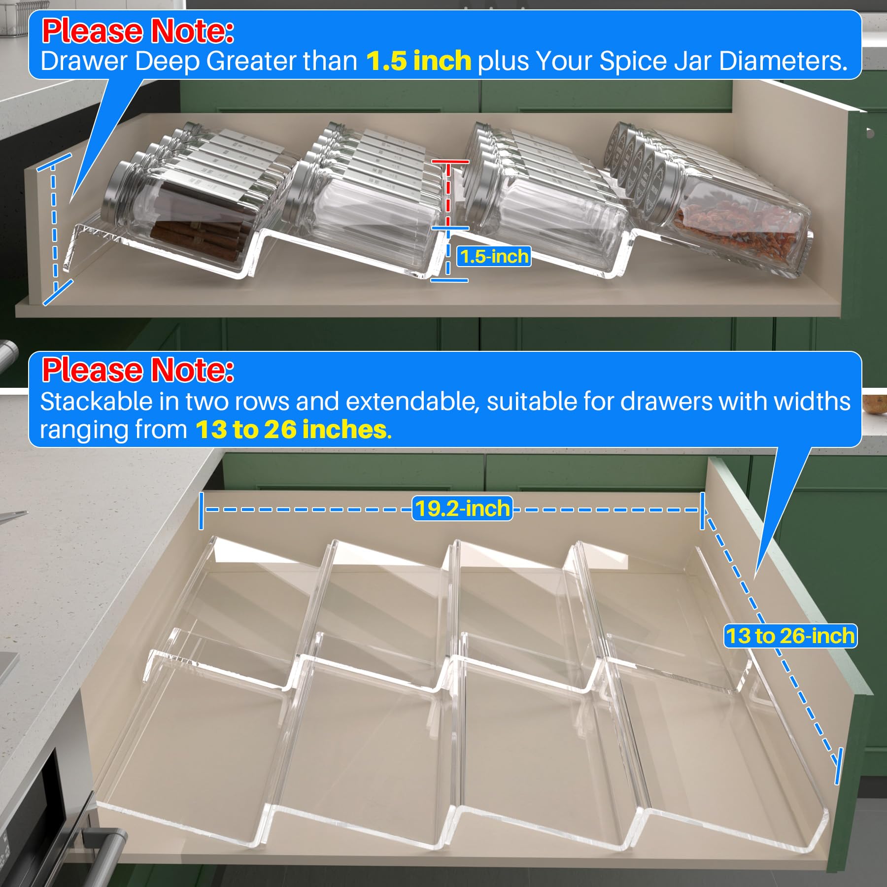 Antimbee Spice Drawer Organizer, 4 Tier- 8 Pack Kitchen Spice Rack Tray for Drawer, Acrylic Seasoning Organizer Rack Expandable