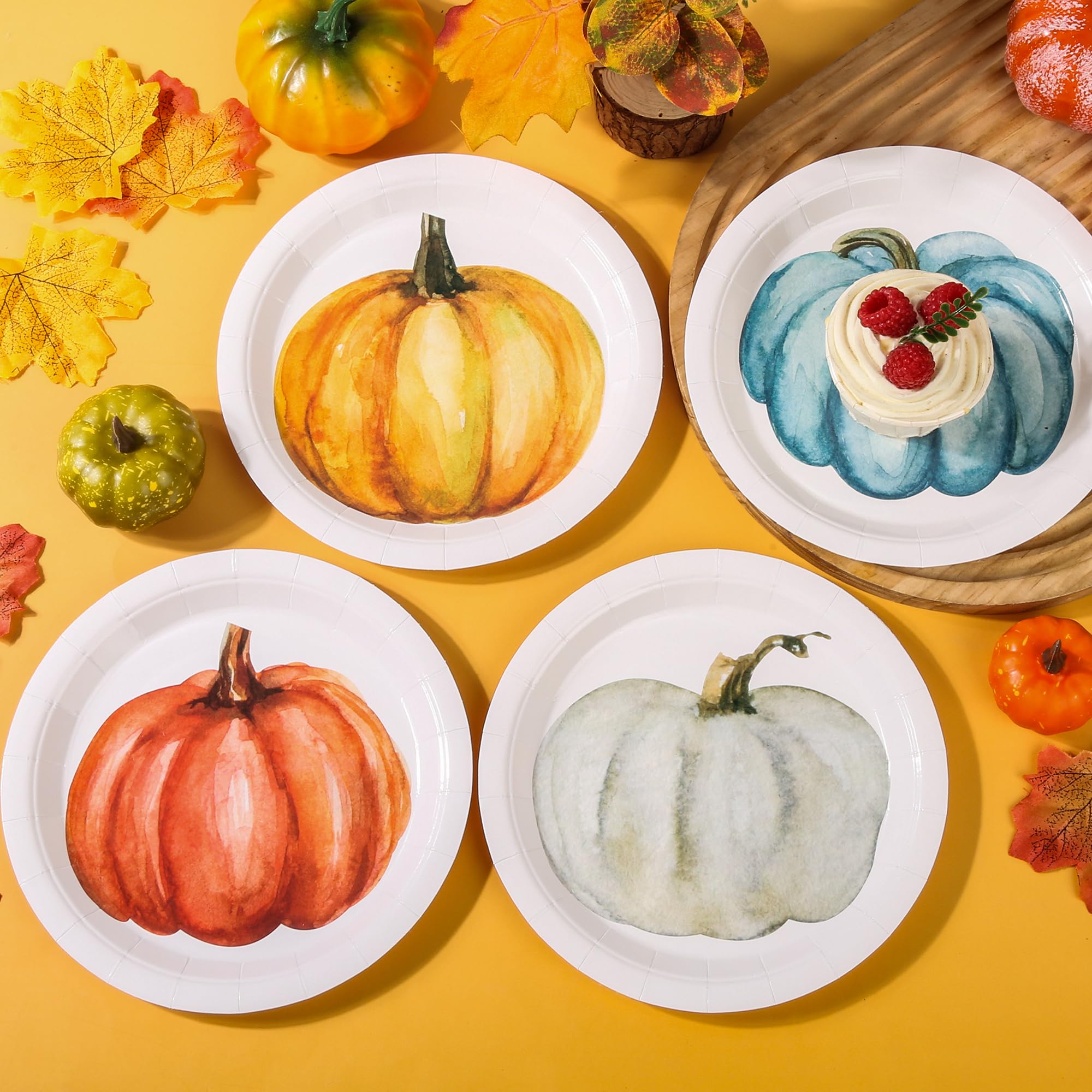 Elyxio 48Pcs Pumpkin Paper Plates Orange Blue Pumpkins Party Plates Fall Disposable 7 Dessert Plate for Autumn Thanksgiving Harv