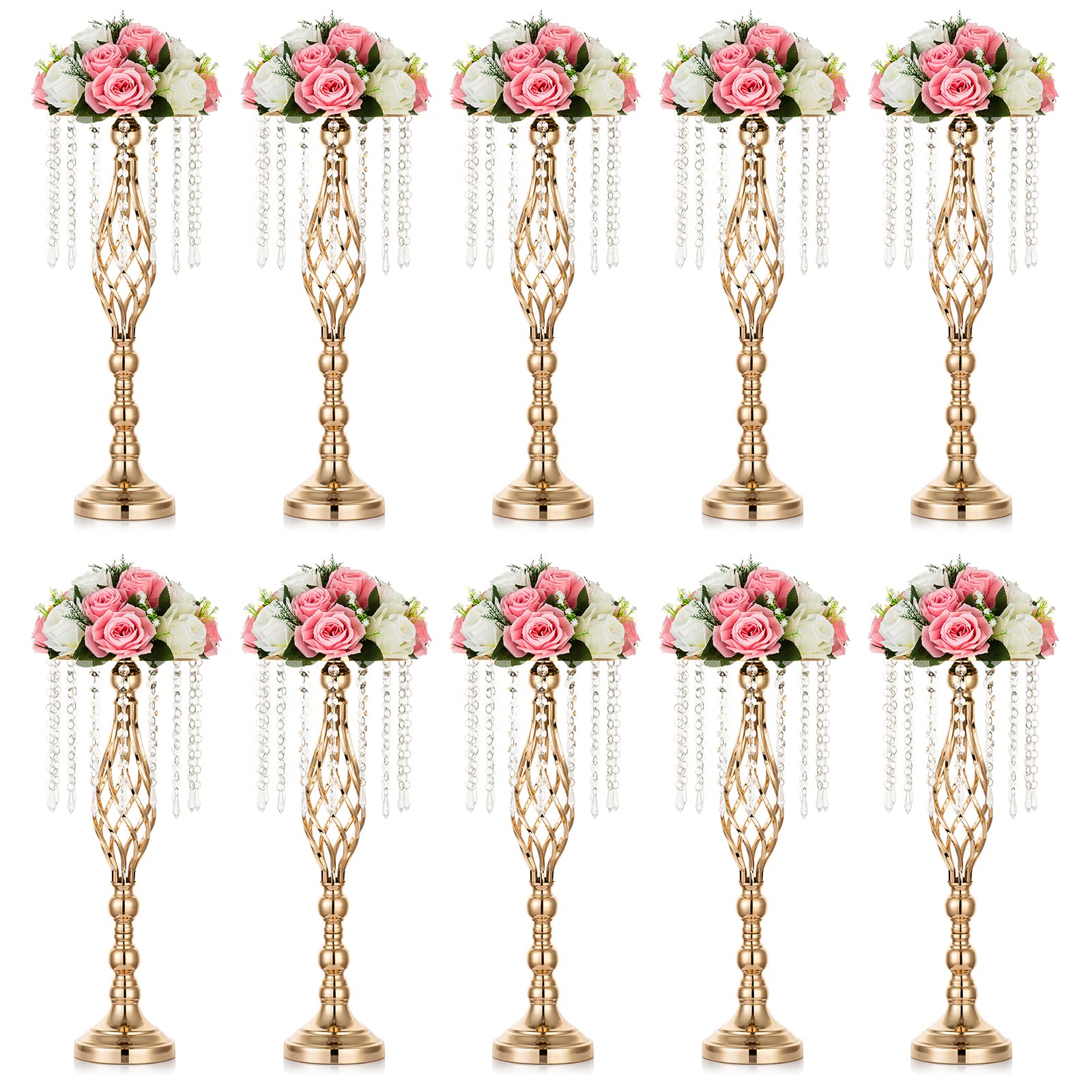 Nuptio 10 Pcs Crystal Flower Stand Wedding Centerpieces for Tables, 21.7in/55cm Tall Elegant Metal Flower Arrangement Stand, Tab