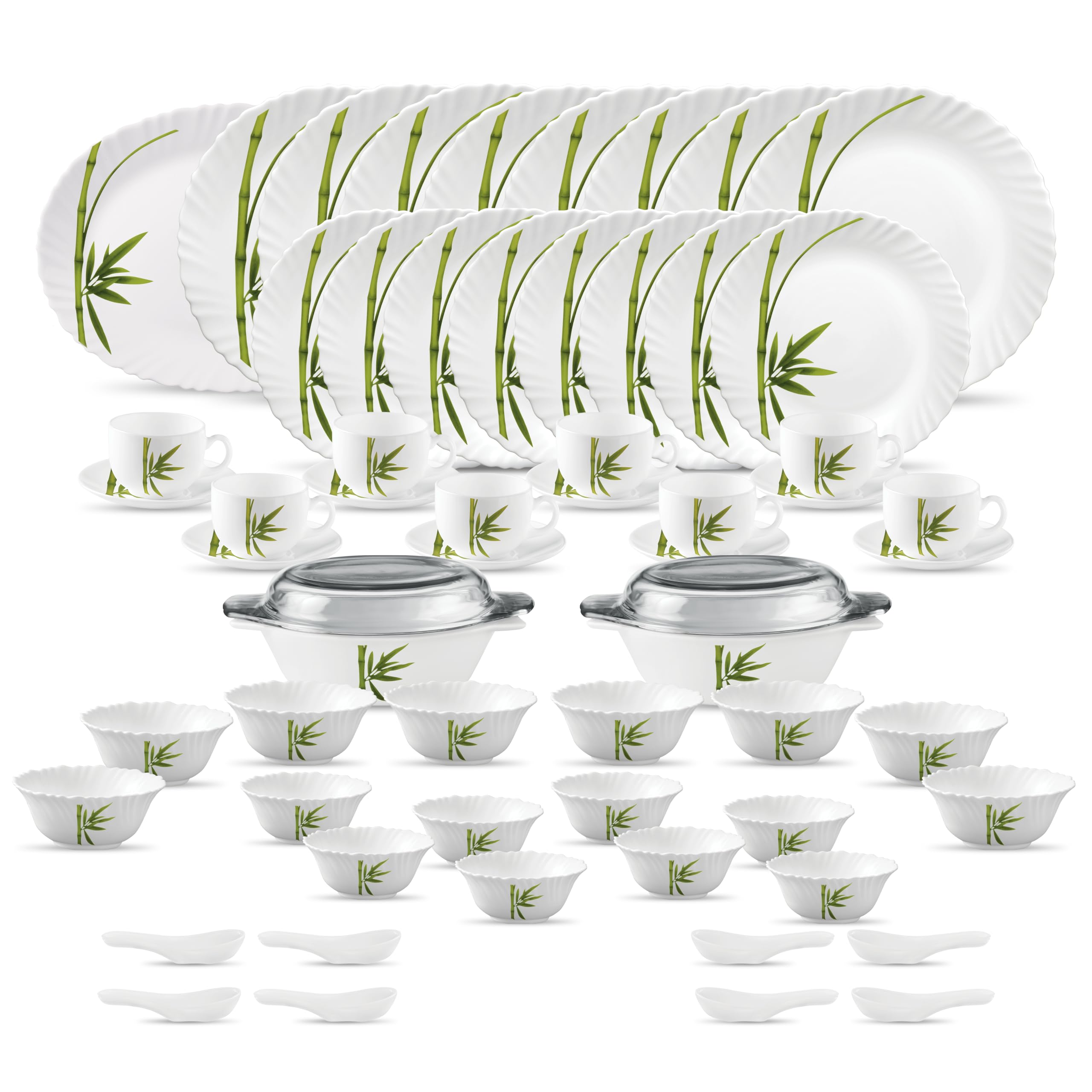 La Opala Diva Classique Collection Opal Glass Crockery | For Family Of 8 | Dinner Set 61 Pcs Fluted Green | Plates & Bowls For D