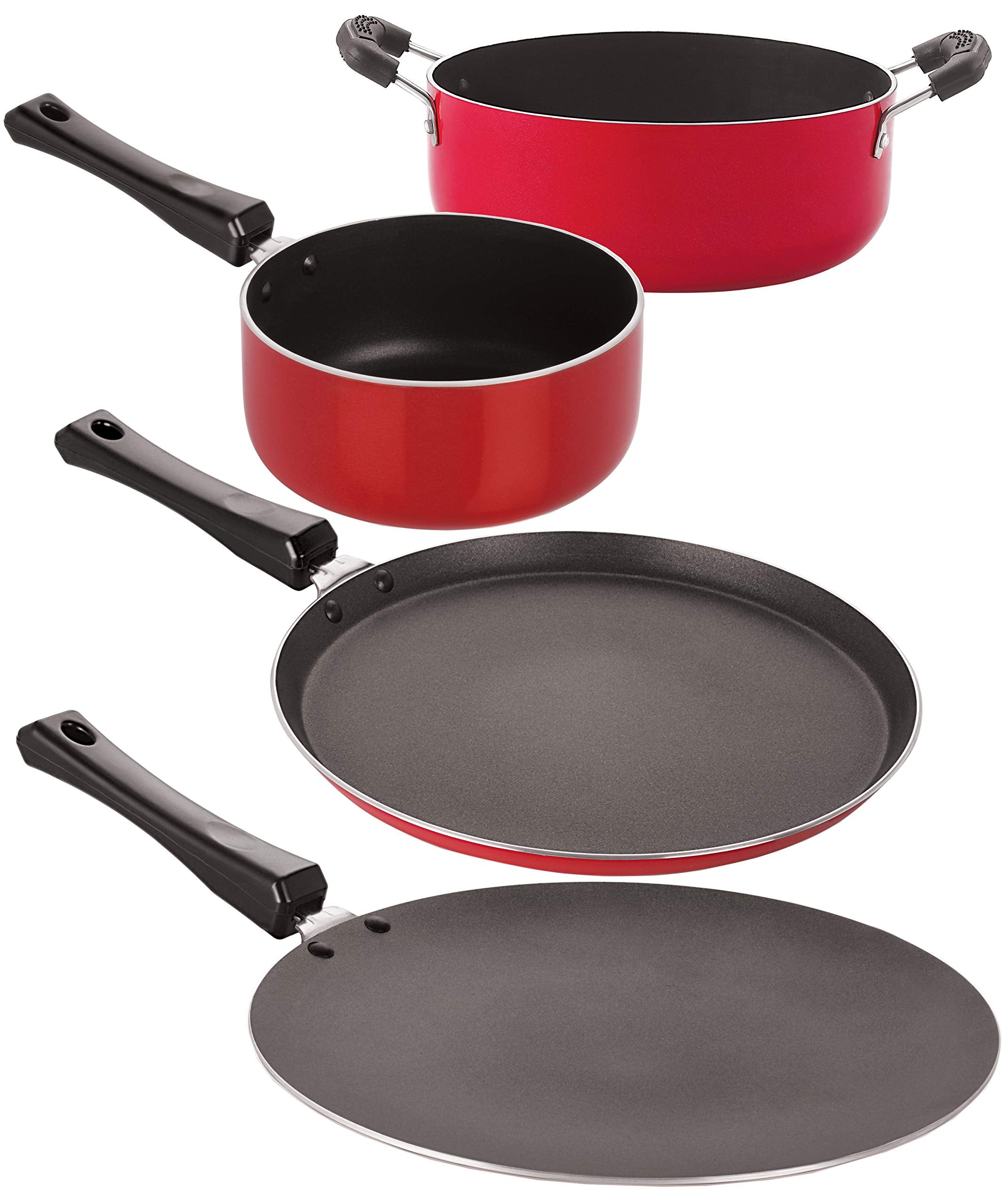 Nirlon NonStick Aluminum Cookware Set, 4Piece, Red And Black (26_Ct_Spb_Ft10_Cass22)