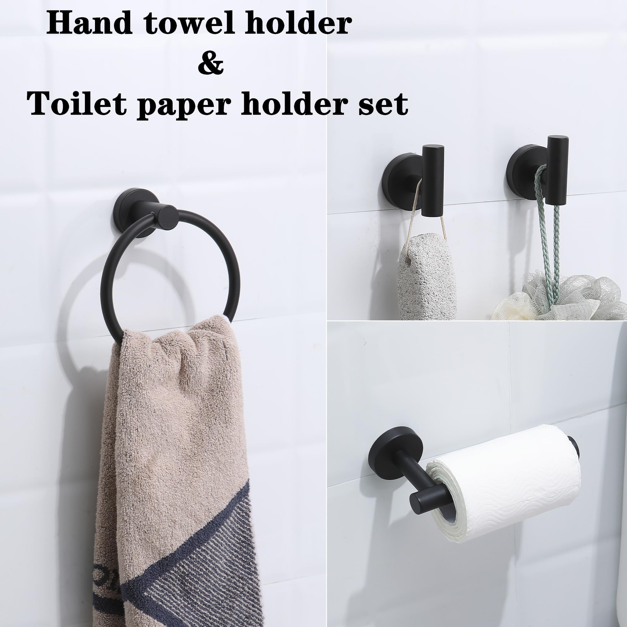 Ntipox 4 Piece Matte Black Stainless Steel Bathroom Hardware Set Include Hand Towel Ring  Toilet Paper Holder and 2 Robe Towel Hooks Bathroom Accessories Kit