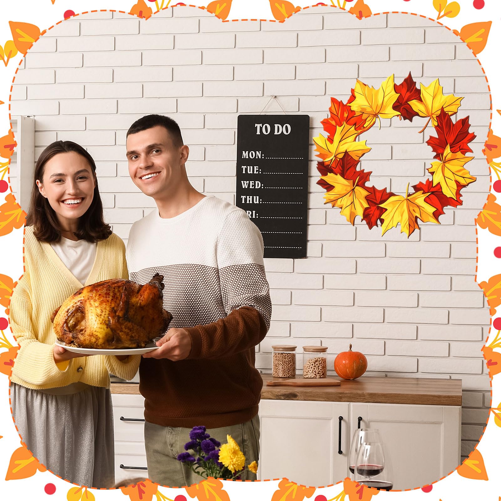 MorningRo Metal Fall Wreaths for Front Door 3D Pattern Thanksgiving Wreath Hanging Autumn Harvest Red Orange Yellow Welcome Sign