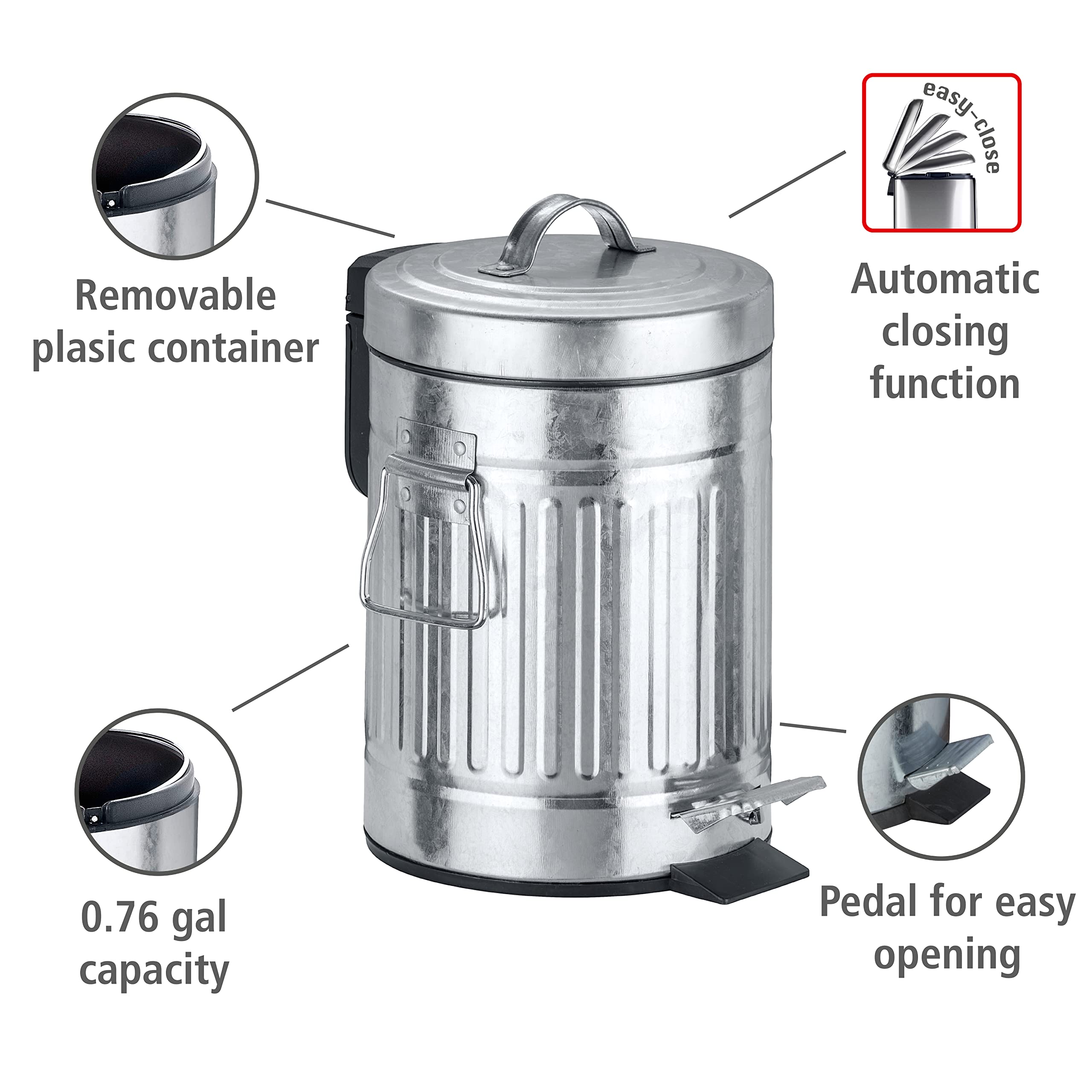 Wenko Step Trash Can With Lid And Pedal, Retro Metal Garbage Bin, For Bathroom, Kitchen, Office, Soft Close, 0.79 Gallon, 6.7 X