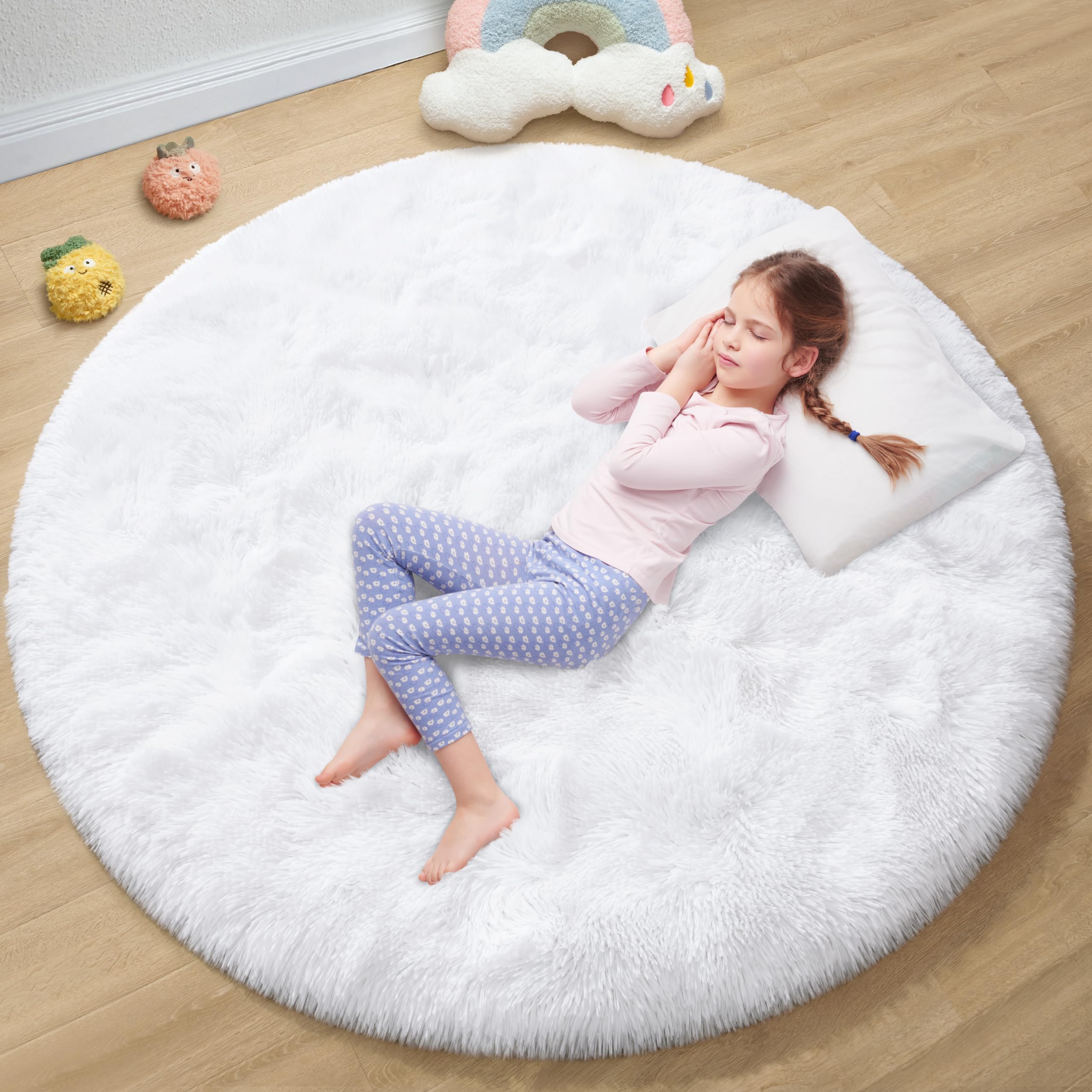 EVOIONOS White Round Rug for Girls Bedroom, Fluffy Circle Rug for Kids Room, 5x5 Feet Plush Area Rug for bedroom, Soft Fuzzy Cir