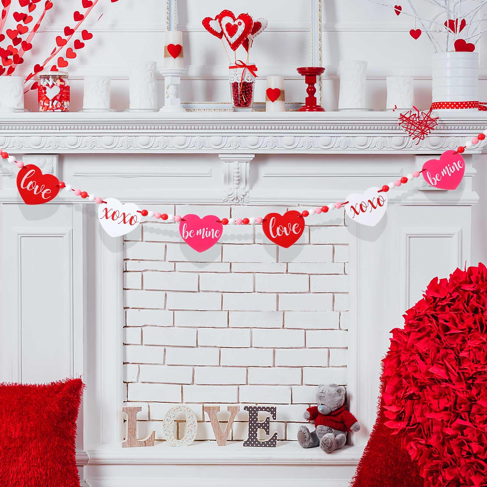 Blosssound Valentines Wood Beaded Garland Pre-Strung 4.2Ft Valentine'S Day Banner Decor Heart Banner Garland Wooden Valentines D