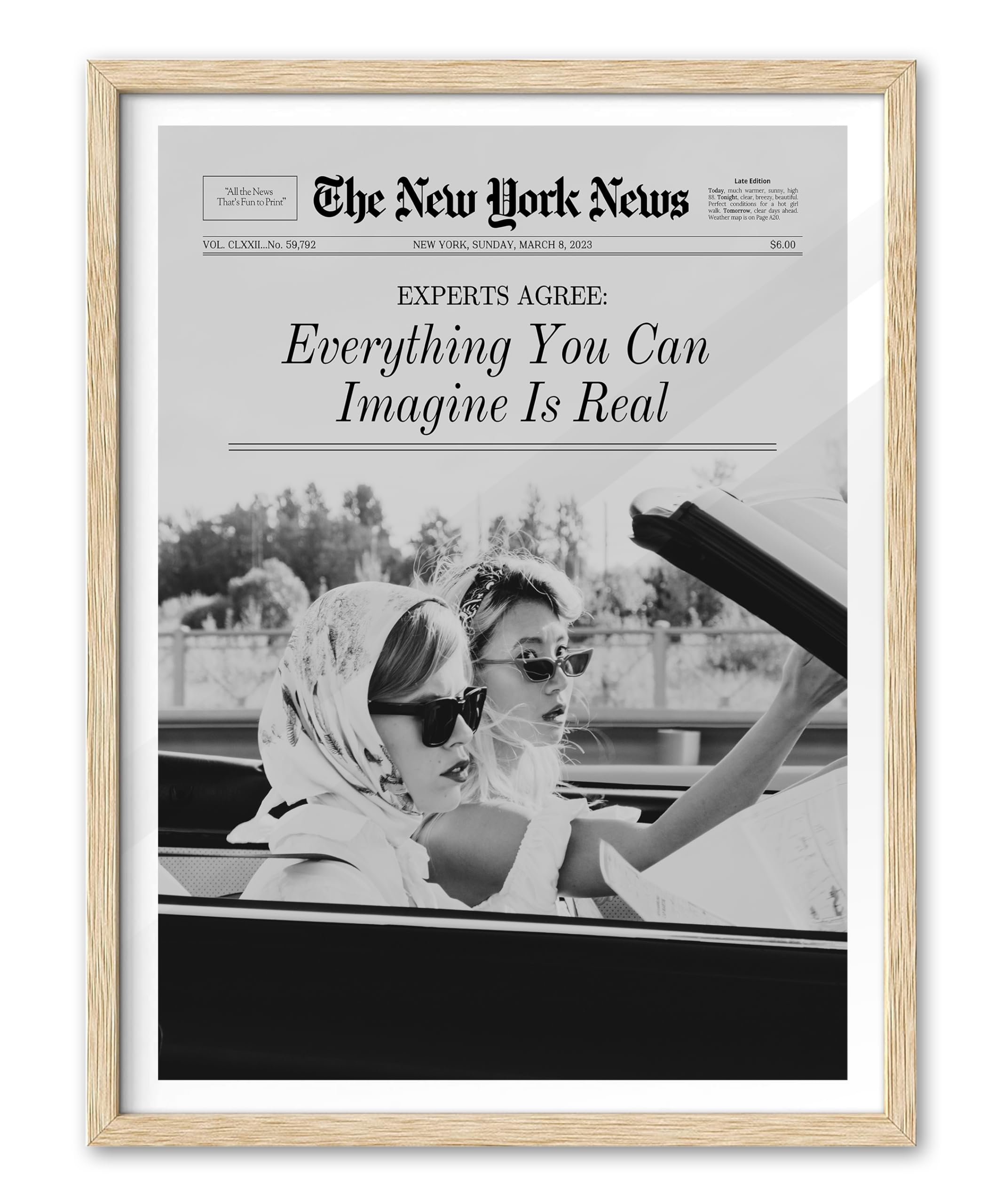 Ihery Everything You Can Imagine Is Real Framed Trendy Newspaper Wall Art, Natural Oak Wood 12X16In Canvas Wall Art Decor For Be