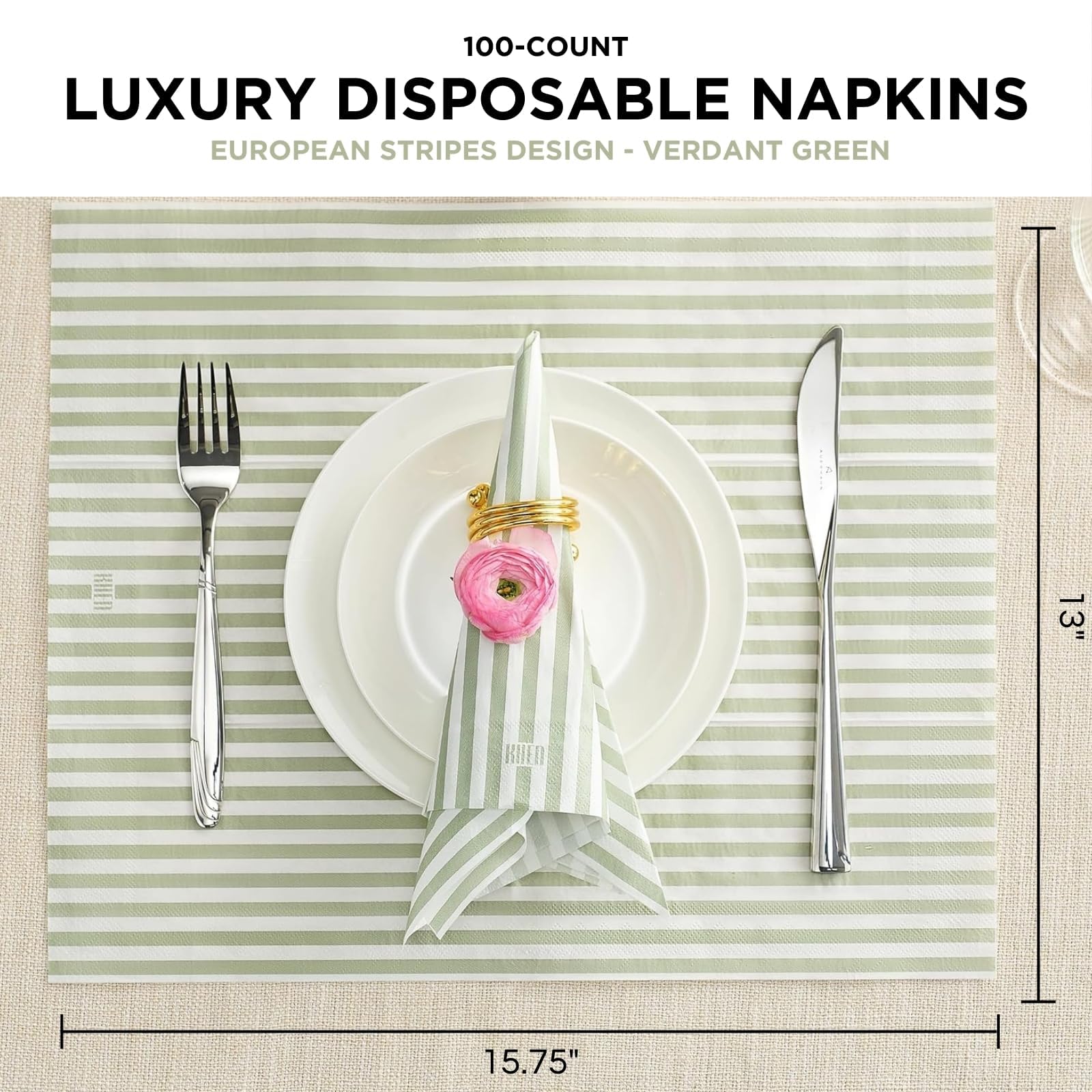 Tonal Striped Disposable Napkin Set in Green, 50 Pieces