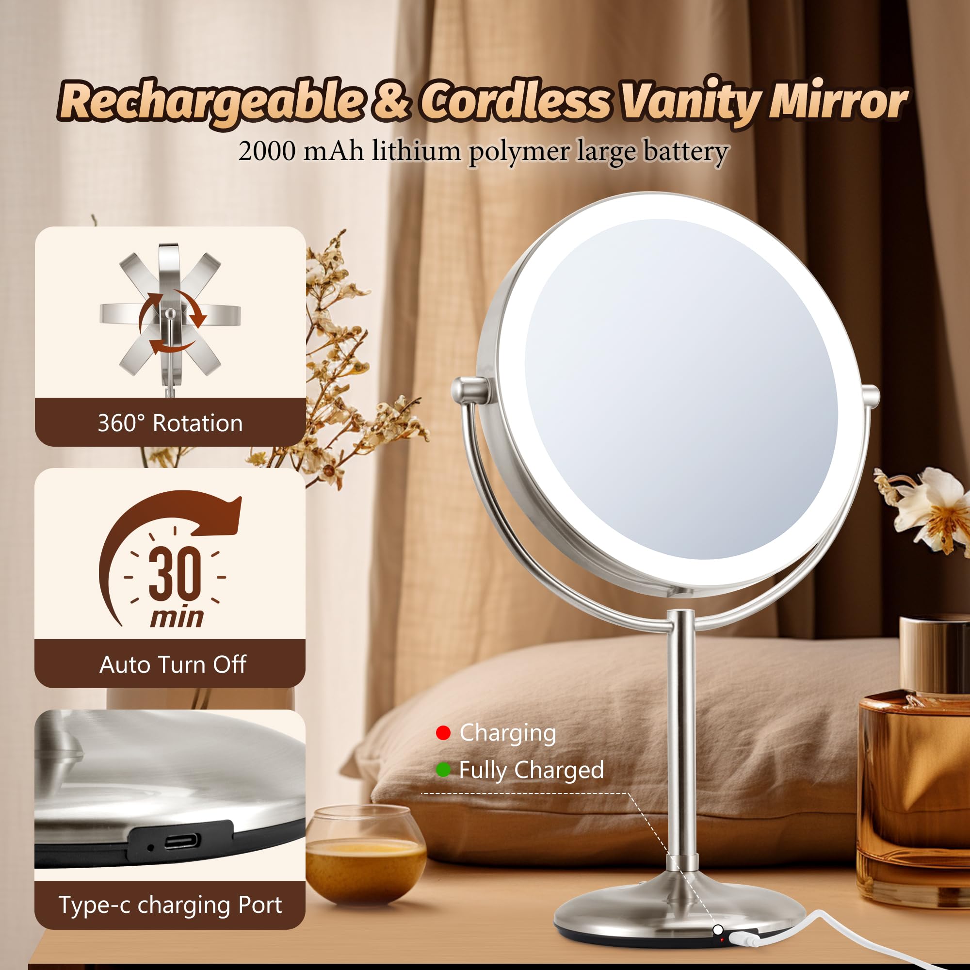 Vorremirr 15X Magnifying Mirror With Light: 9 Inch Lighted Makeup Mirror With 3 Colors, 360Rotation Touch Screen Rechargeable Li