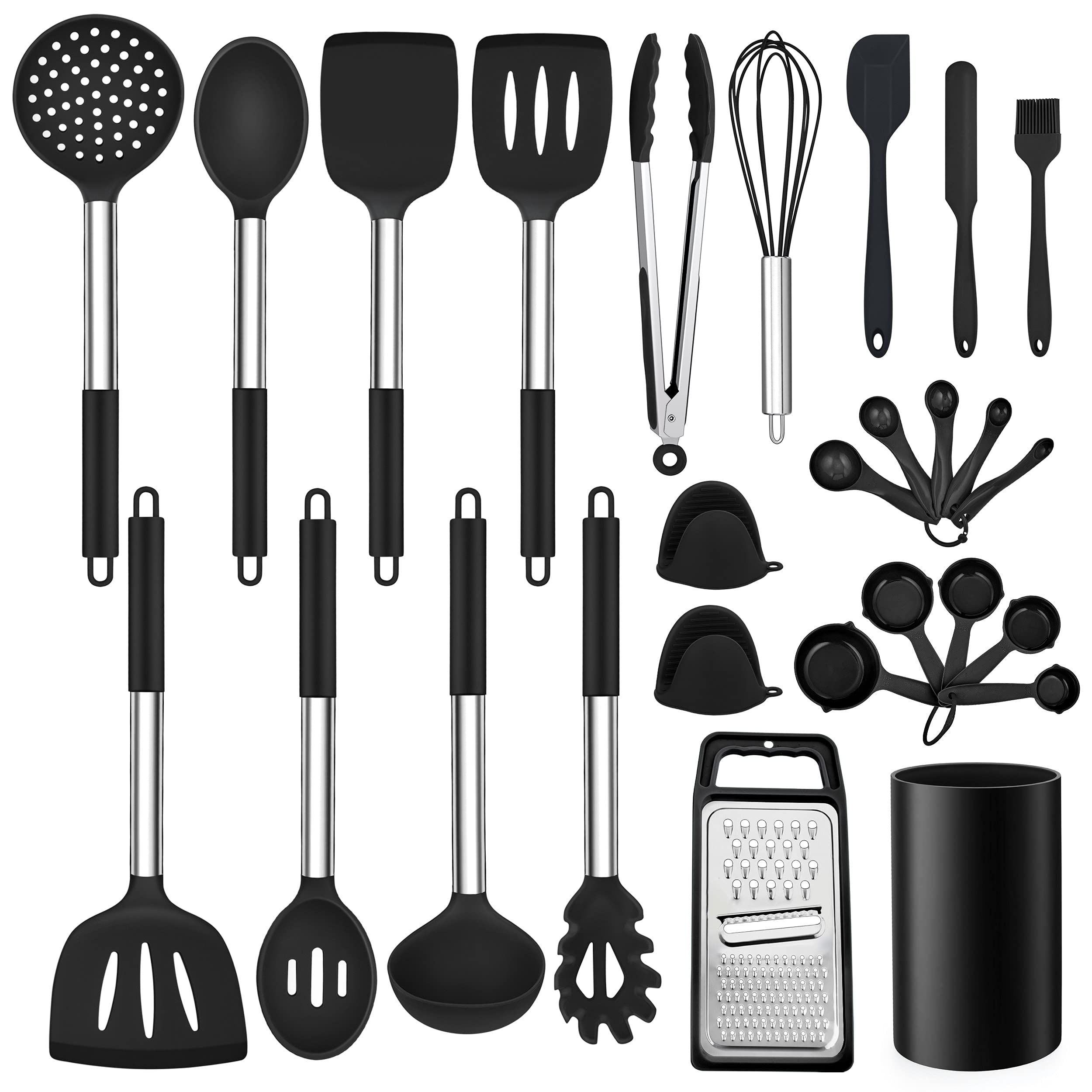 Lianyu 27 Pcs Cooking Utensils Set With Holder, Silicone Kitchen Utensils Spatula Set With Stainless Steel Handle, Kitchen Cooki