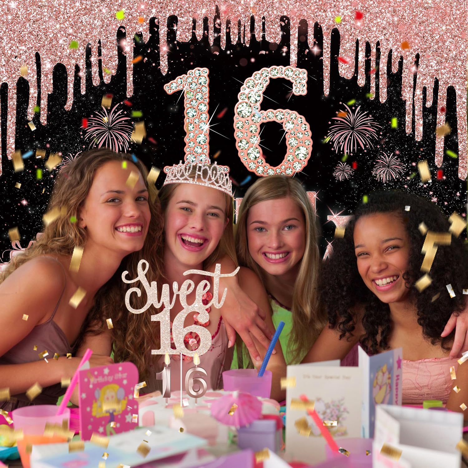 Sweet 16 Birthday Decorations For Girls, Including 16Th Birthday Banner, Rose Gold Tablecloth, Number Balloons, Sash And Tiara,