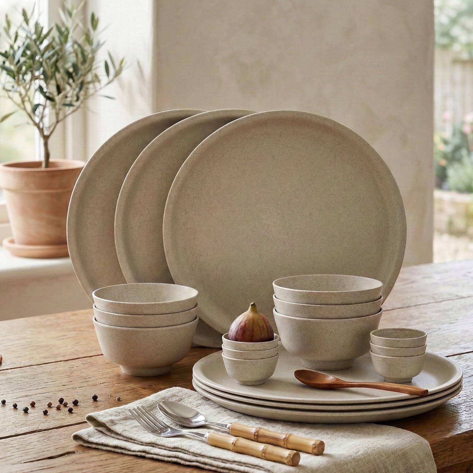 Happy Cove Husk Eco Friendly 10 Inch Solid Dinner Plates | Rice Husk And Bamboo Fibre | Set Of 6 With 6 Bowls (200Ml) And 6 Sauc