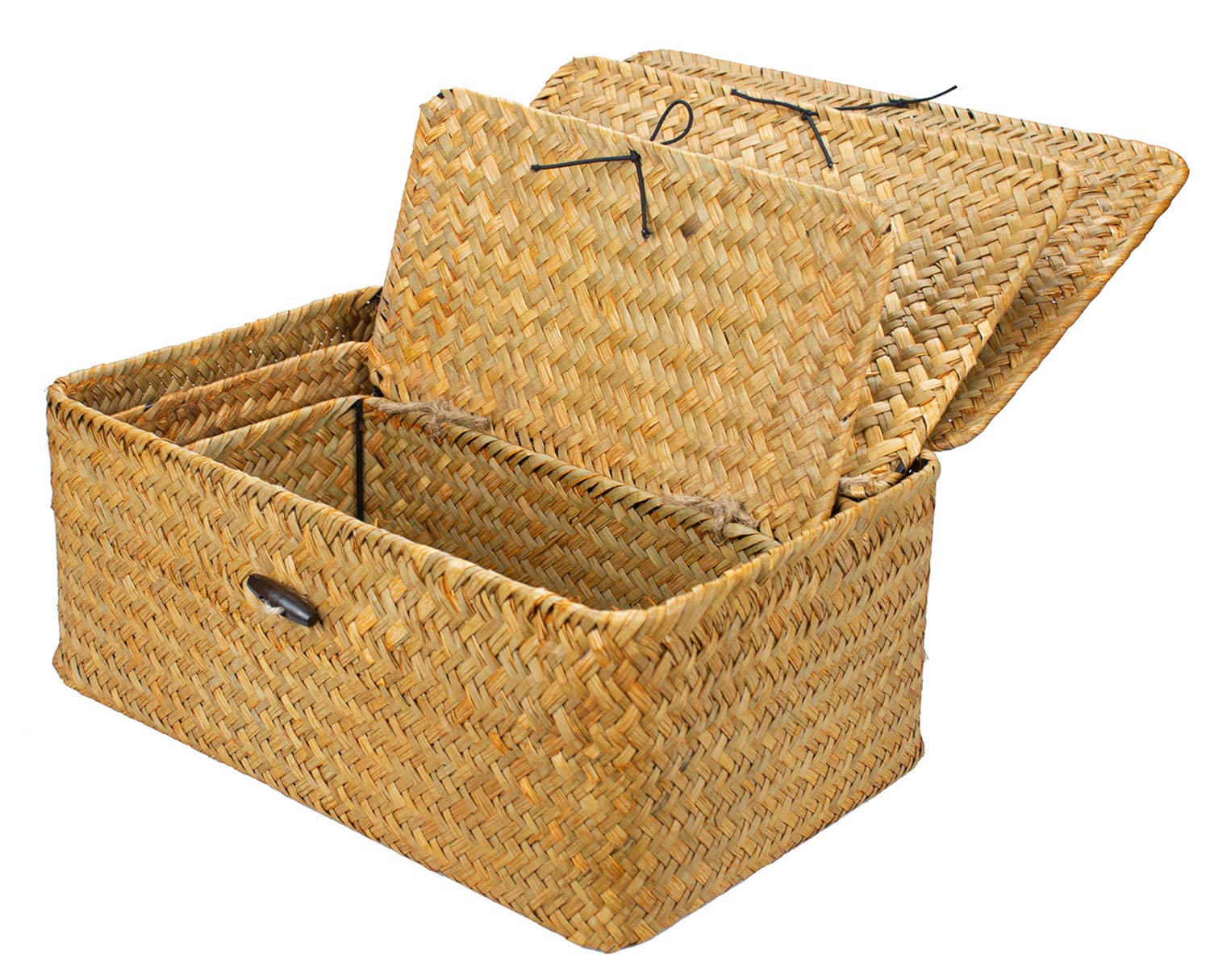 Yesland Shelf Baskets With Lid Set Of 3, Handwoven Seagrass Storage Bins Box Rectangular Seagrass Basket Storage Organizer Wicke