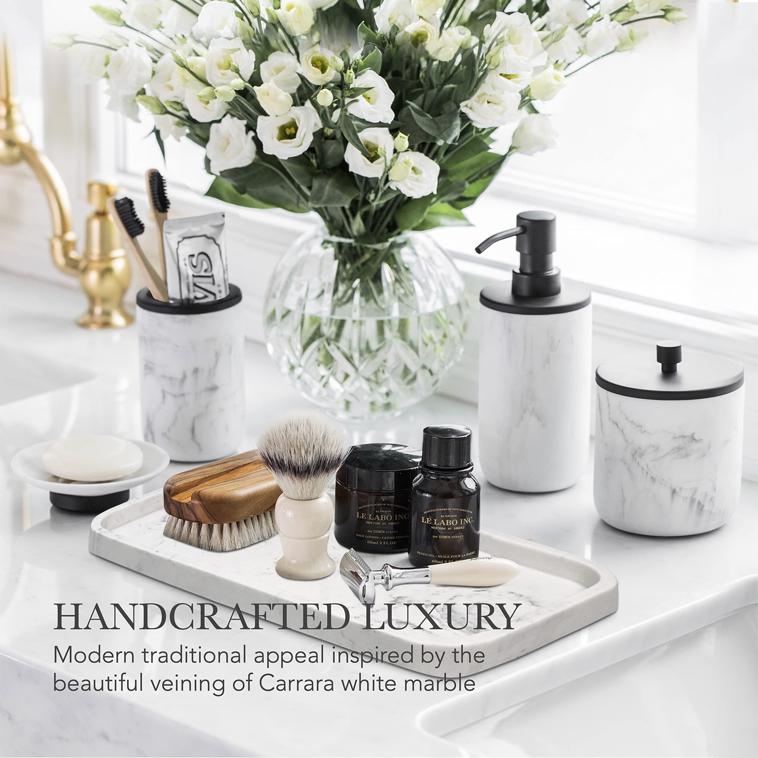 Bathroom Soap Dispenser Set - Bathroom Toothbrush Holder Set, Marble Bathroom Accessories, Matte Black Bathroom Accessories Set,