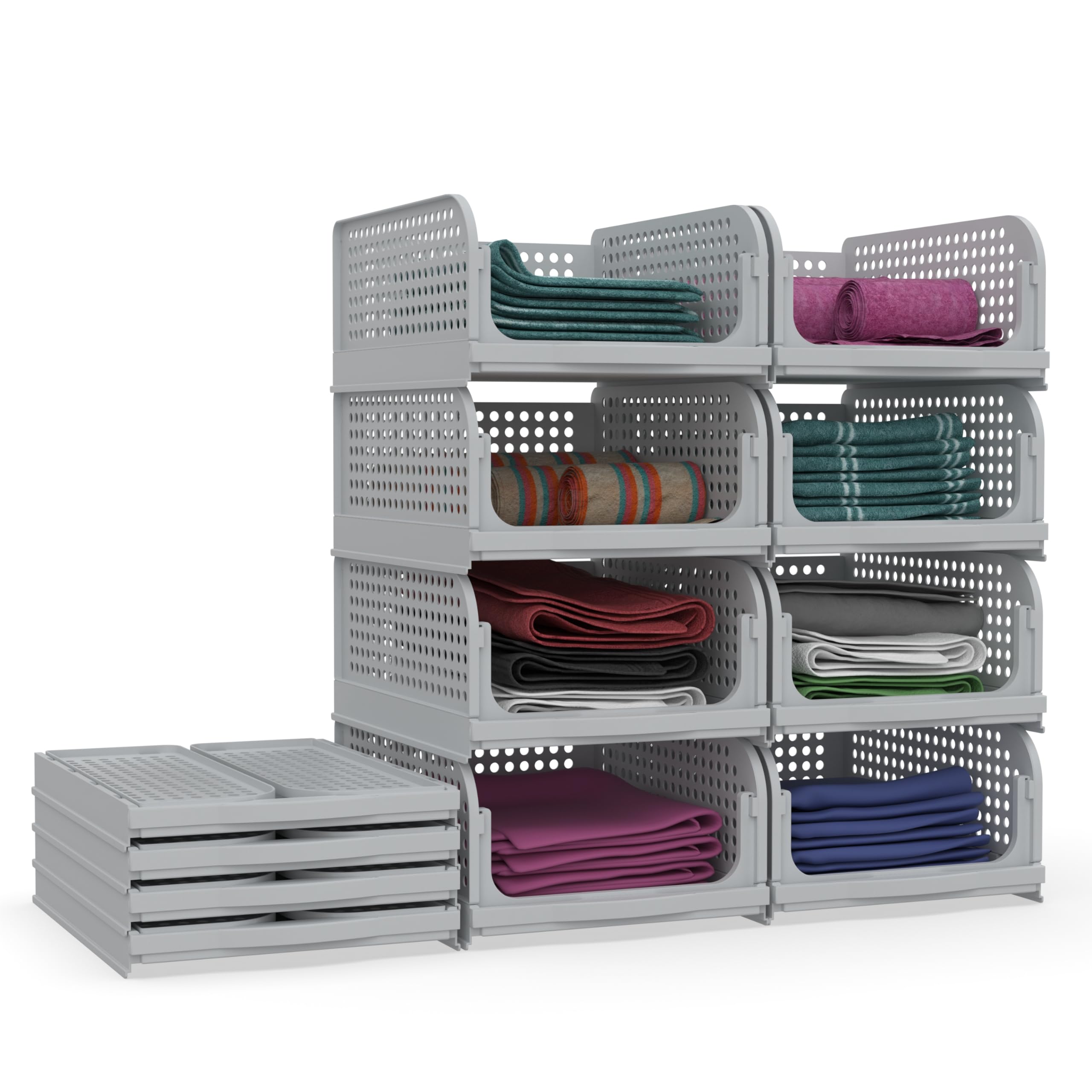 Skrill Pack Of 8 Foldable, Sliding & Stackable Plastic Wardrobe Organizer For Storage Clothes | Ideal Wardrobe Shelf Organiser F