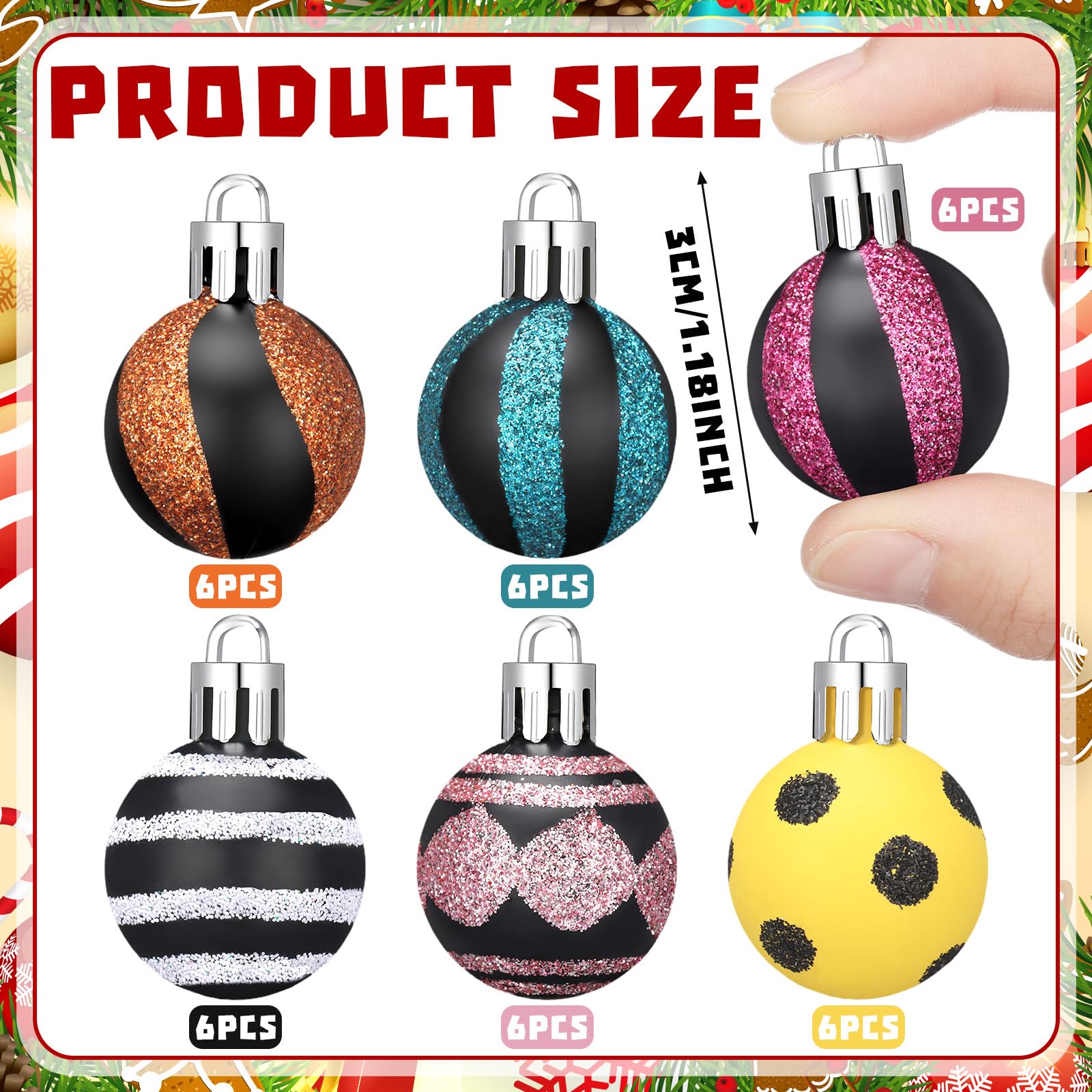 Riceshoot 36 Pcs Christmas Mini Ball Ornaments 1.18 Inch Small Xmas Plastic Black and Pink White Stripe Dot Hanging Ball Colorfu