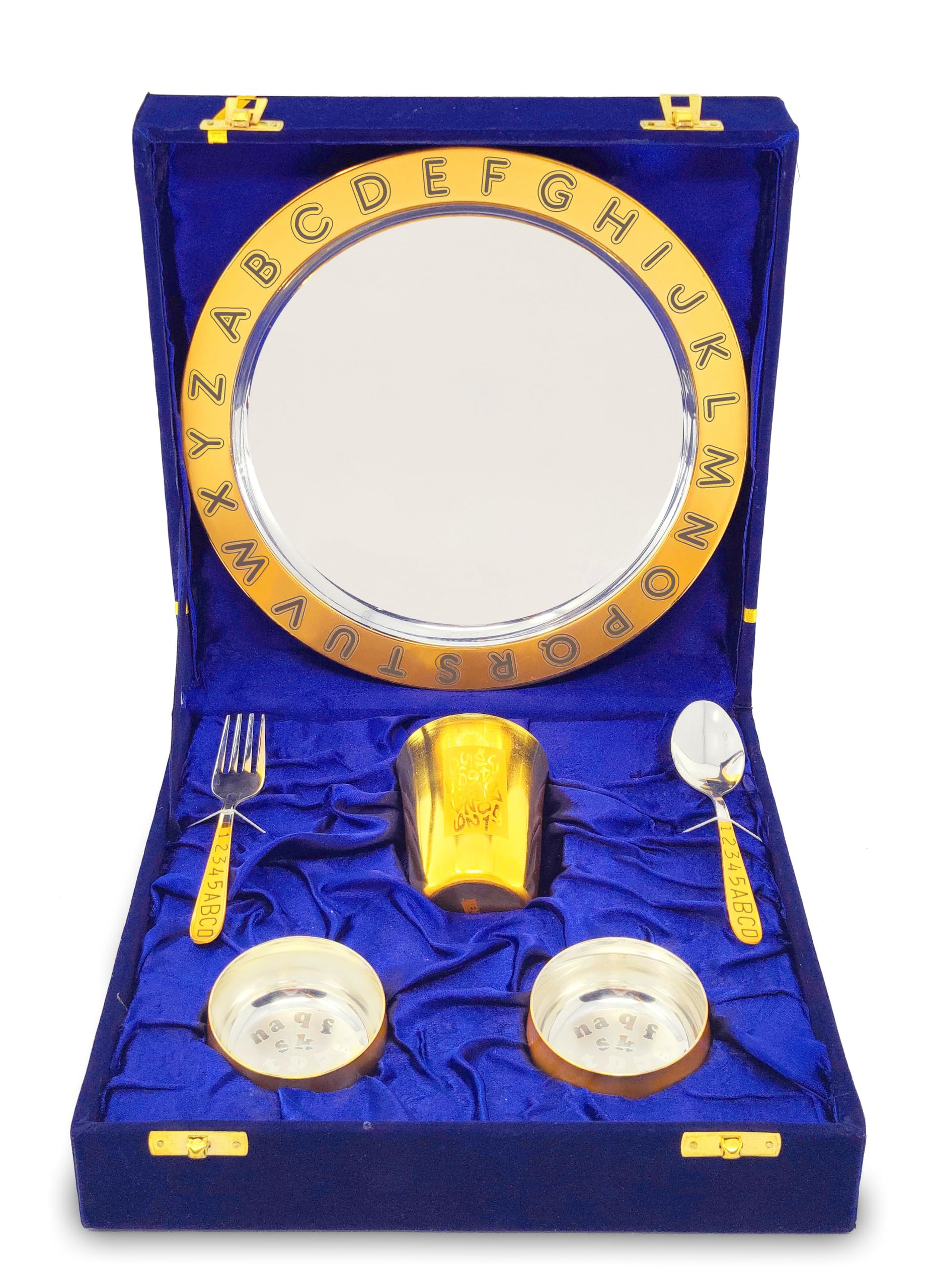 Bengalen Gold Plated Dinner Set With Blue Velvet Gift Box For Baby Rice Ceremony Annaprashan Sanskar Gifts For Boys Girls Birthd
