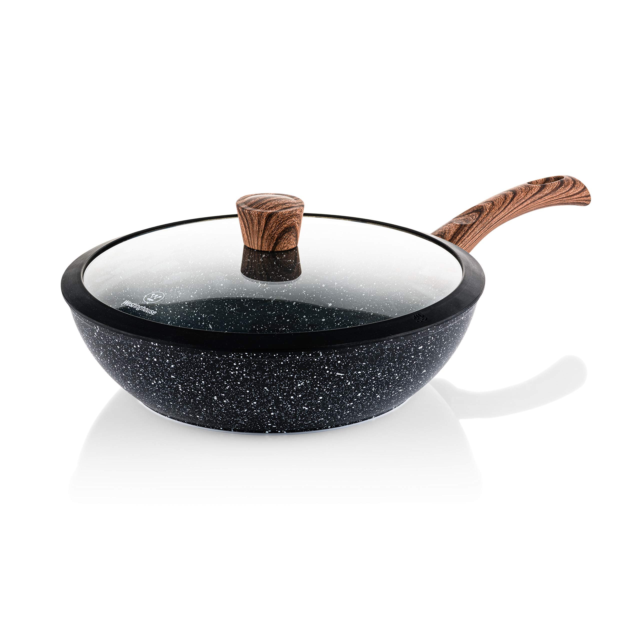 Westinghouse Black Marble Series Wok 30 Cm, Non-Stick Coating, Forged Aluminium Pan, Suitable For Induction Cookers, Silicone-Co