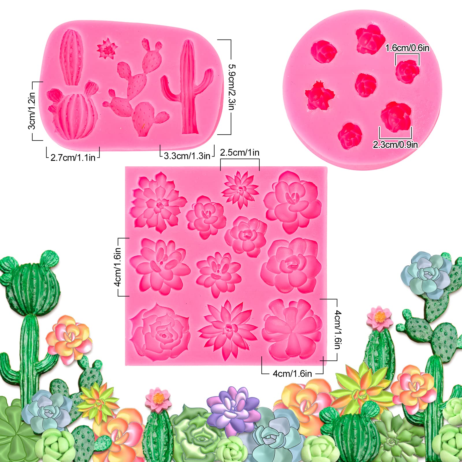 Whaline Succulent Fondant Molds 3D Silicone Cactus Succulents Leaves Moulds Succulent Plants Resin Molds Grow Plant Cupcake Cook