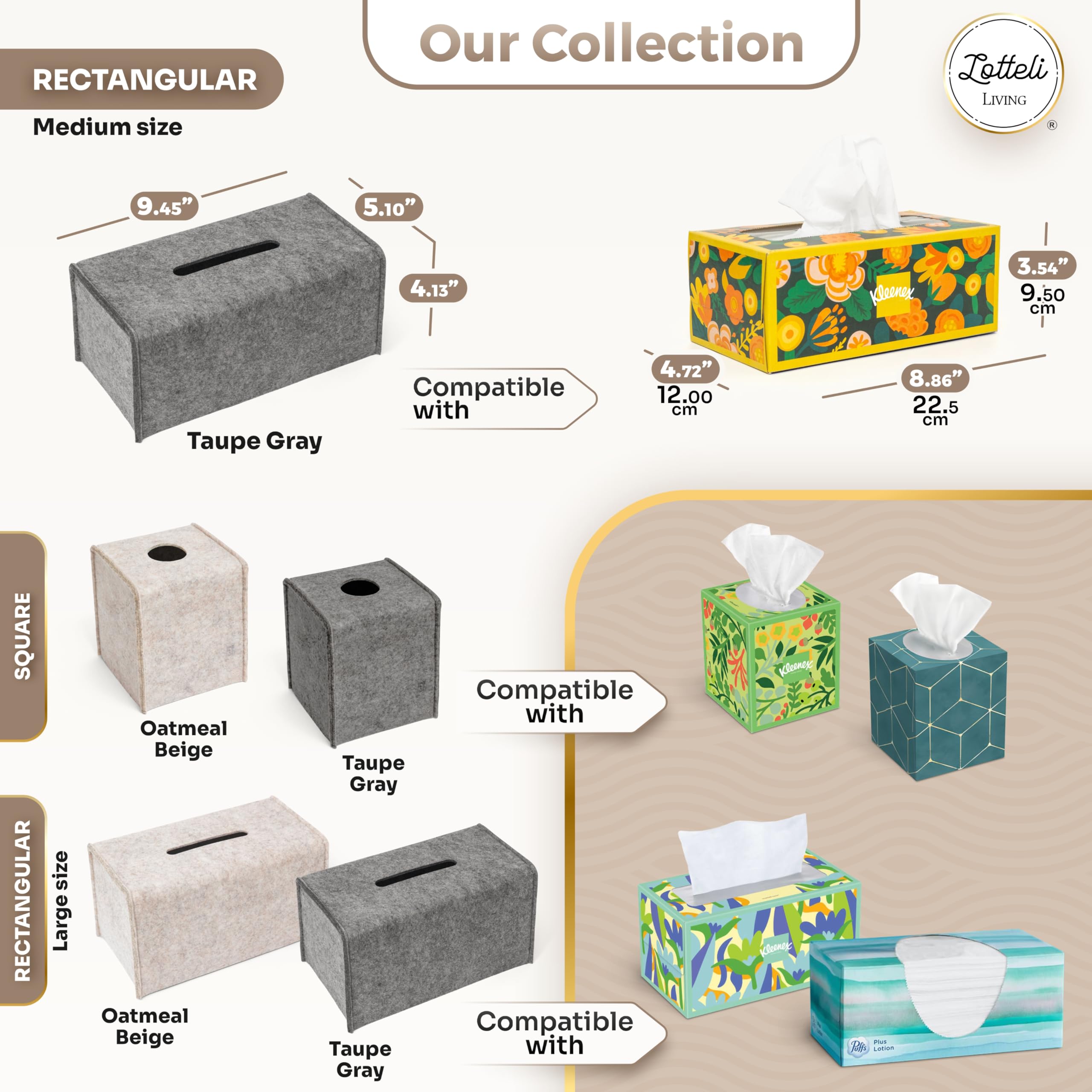 2 Pack Tissue Box Cover - Decorative Tissue Box Holder - Modern Felt Tissue Box Cover Rectangle - Medium Size - Taupe