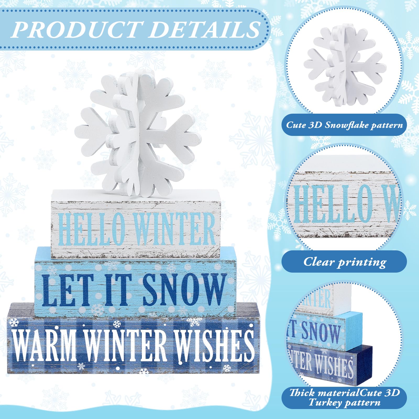 Geelin 4 Pieces Hello Winter Wooden Table Decorations Let It Snow Wooden Signs Rustic Snowflake Tiered Tray Decor Winter Wishes